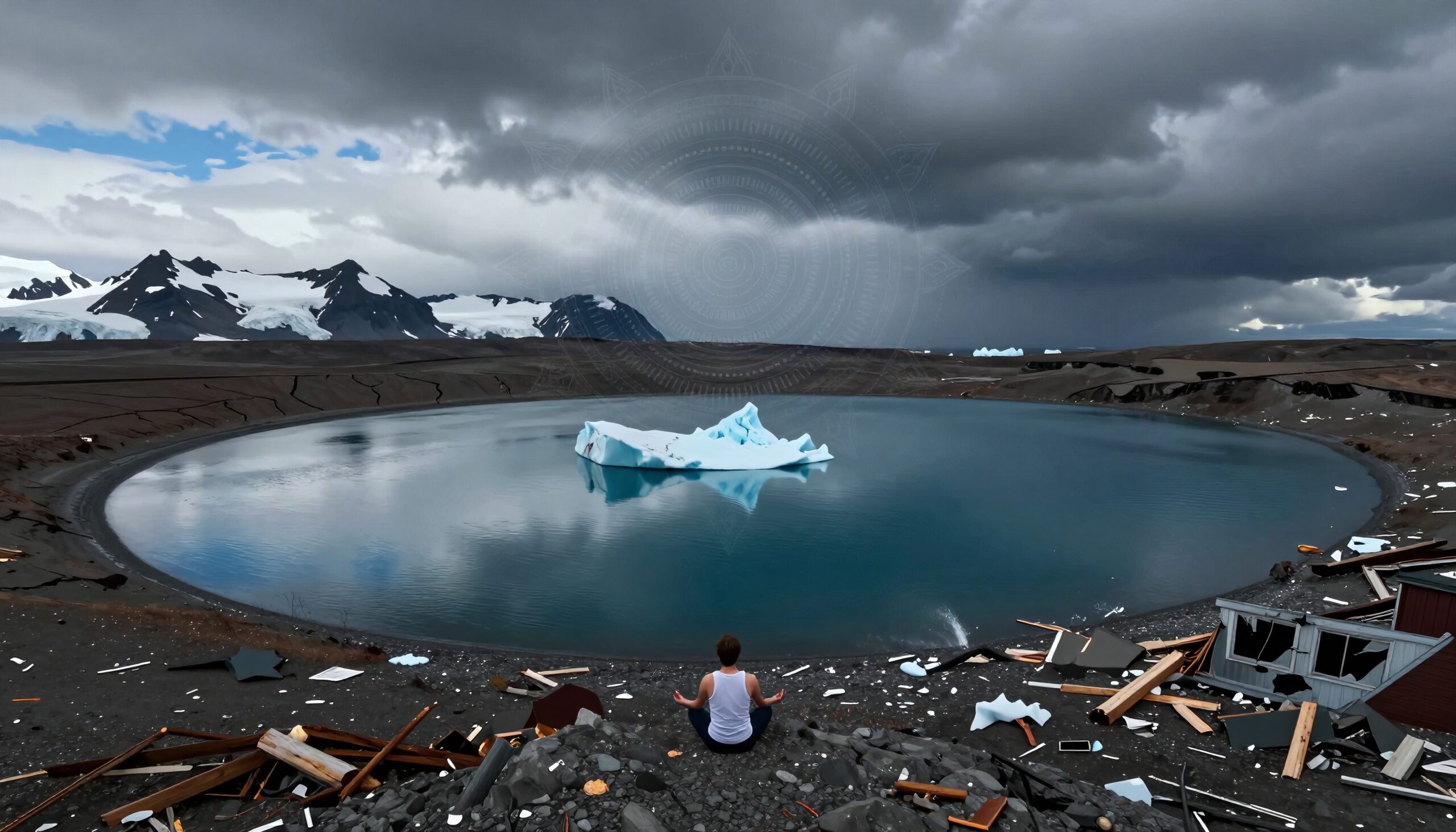 Person meditating by a serene lake with an iceberg.