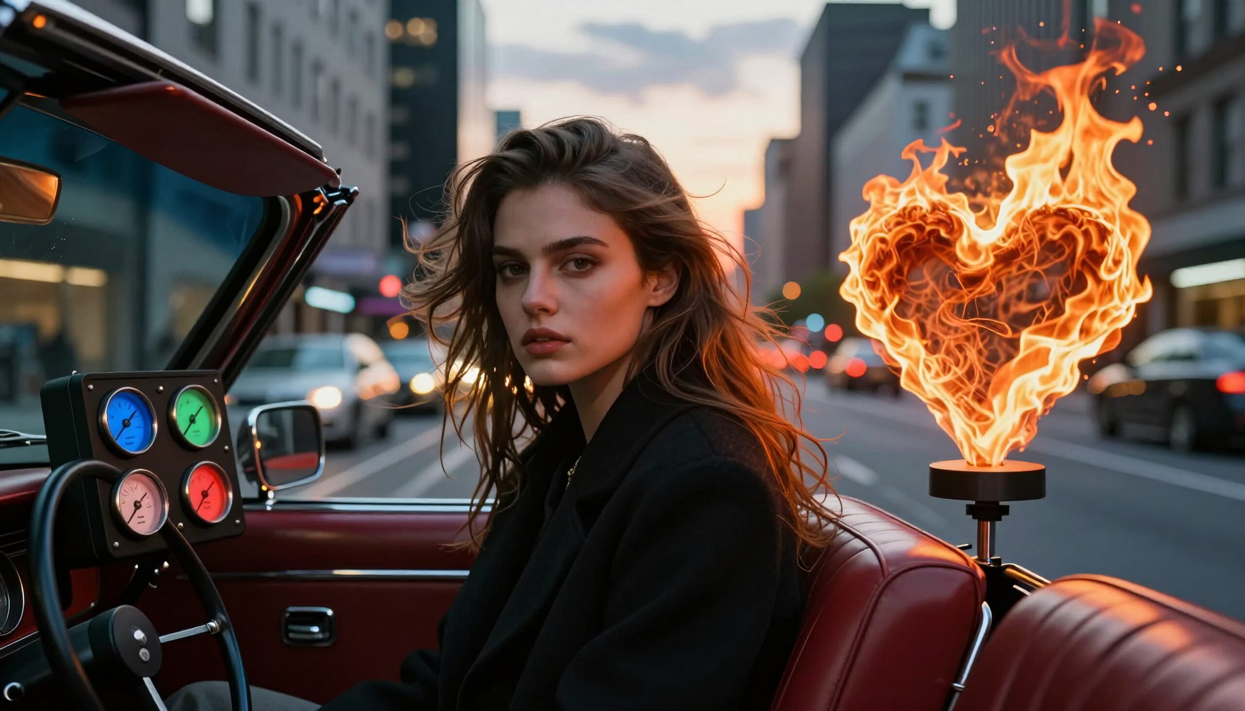 A woman in a vintage car with a heart-shaped flame beside her on a city street at sunset.