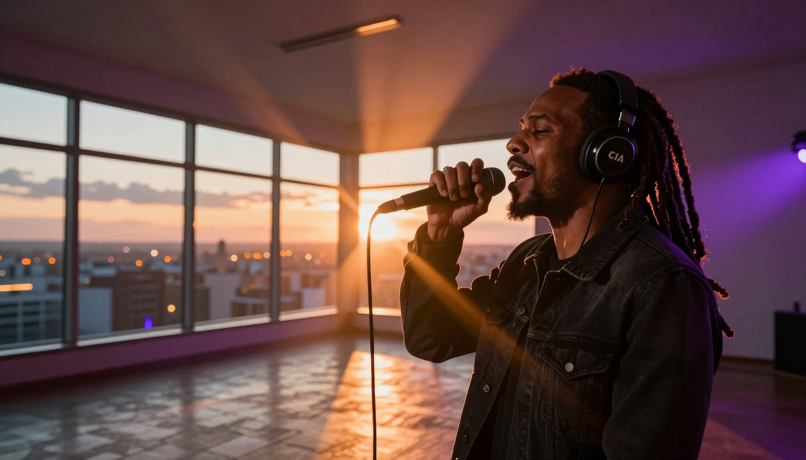 A man singing with headphones at sunset in a city loft.