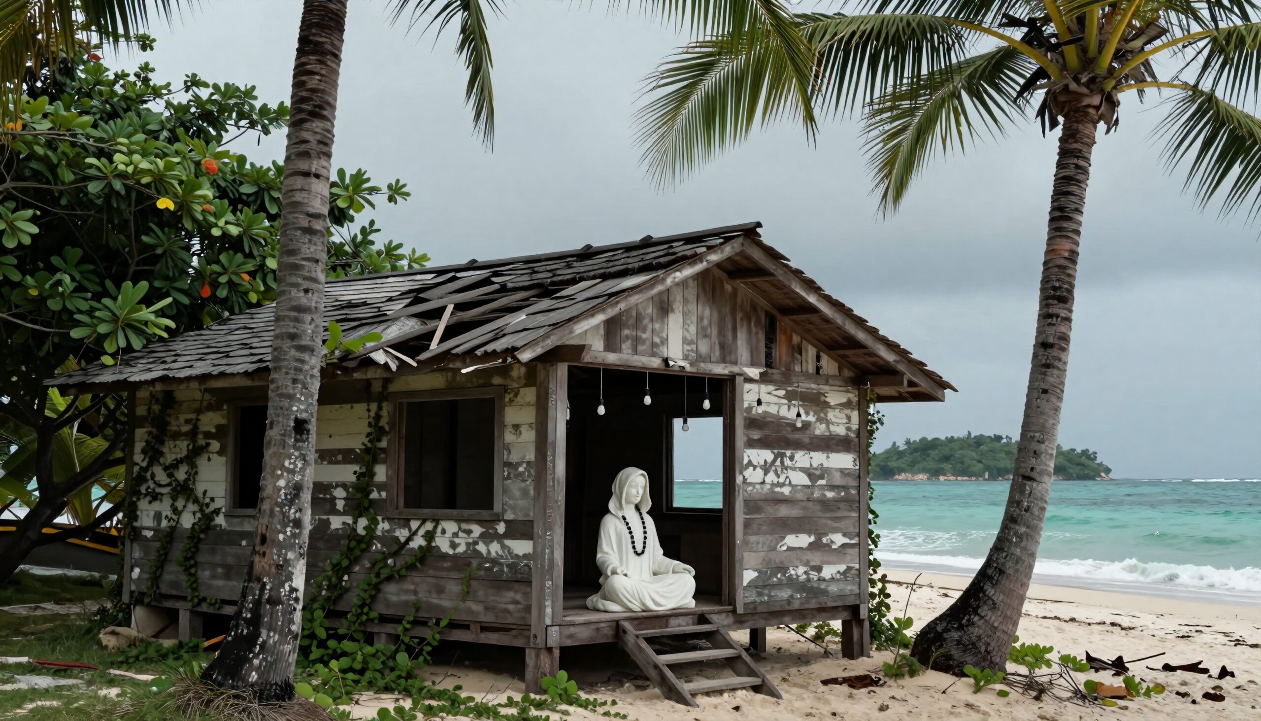 Rustic beach shack with statue and stormy sea backdrop.