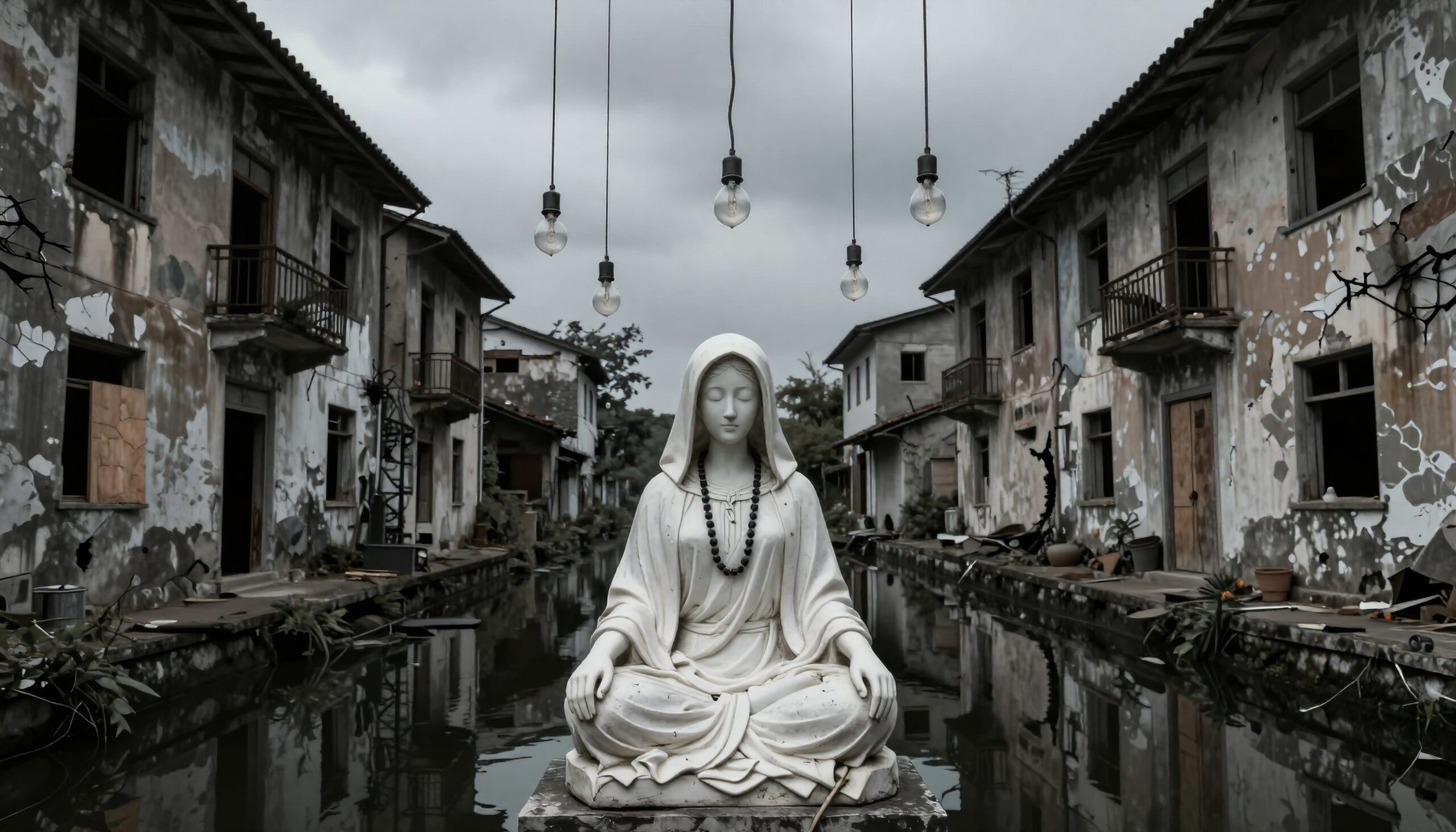 Serene statue in urban decay setting.