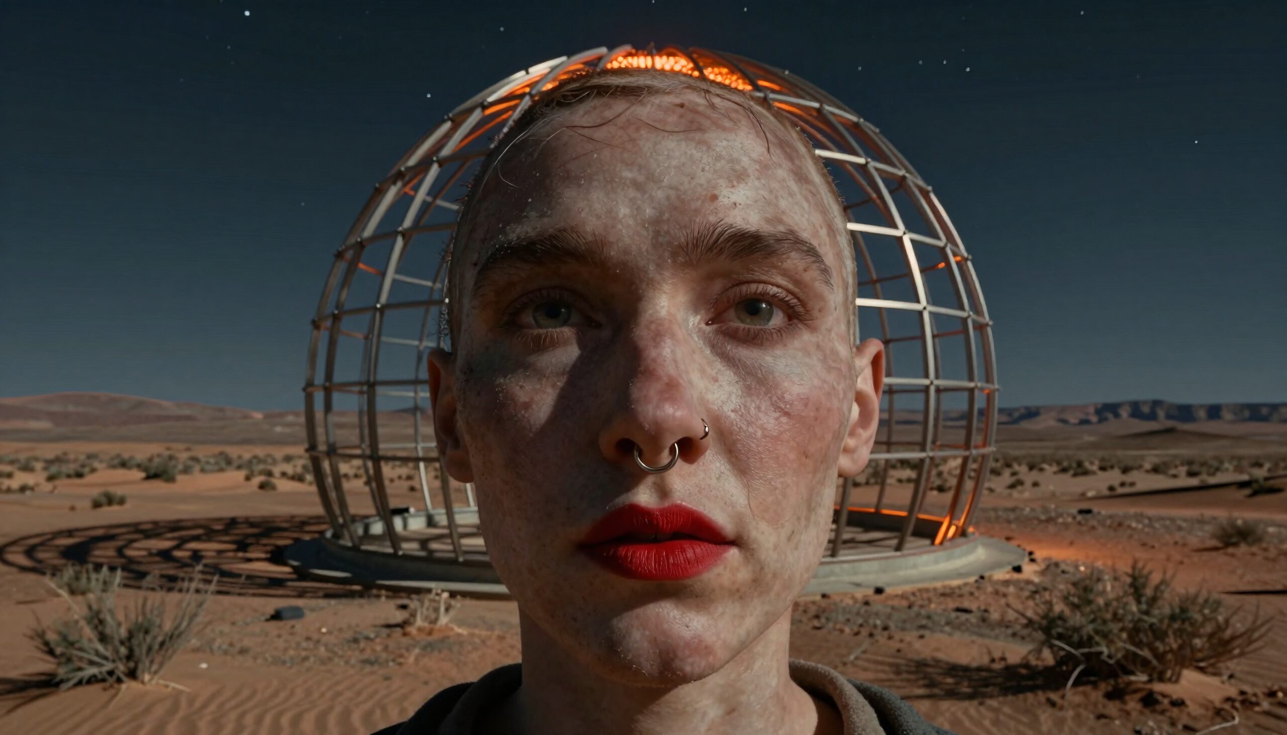 A person with red lipstick stands before a glowing sphere in a desert night.
