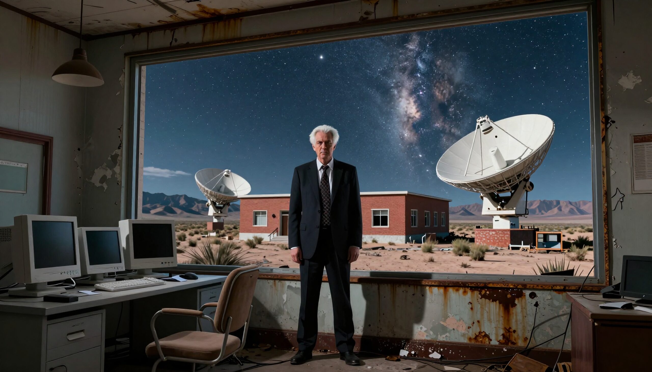 A man stands in an observatory, gazing at satellite dishes and stars.