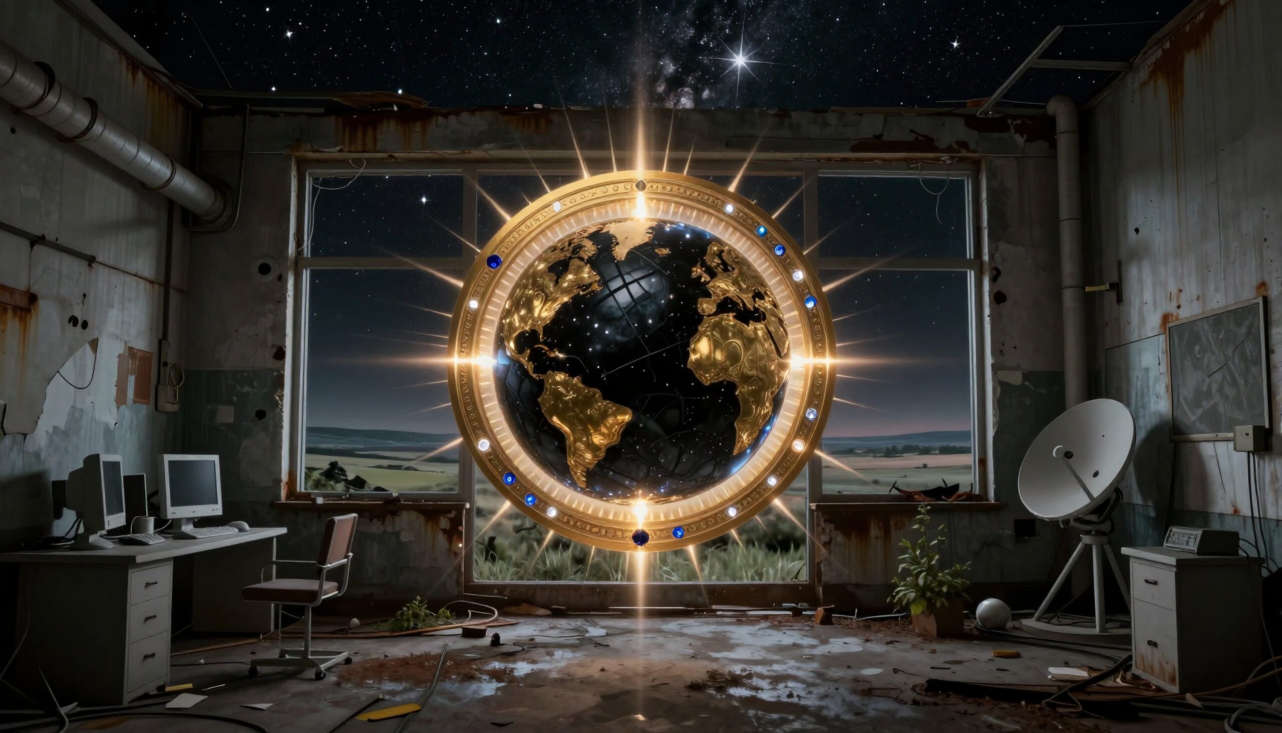 Image of an illuminated globe floating in an abandoned room with a starry night sky visible through a broken window.