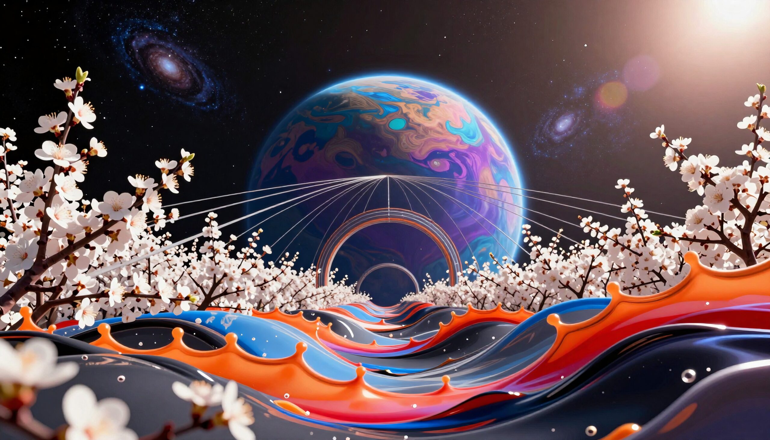 A surreal image of cherry blossoms lining a vibrant, wave-like pathway leading to a mystical planet with a starry galaxy backdrop.