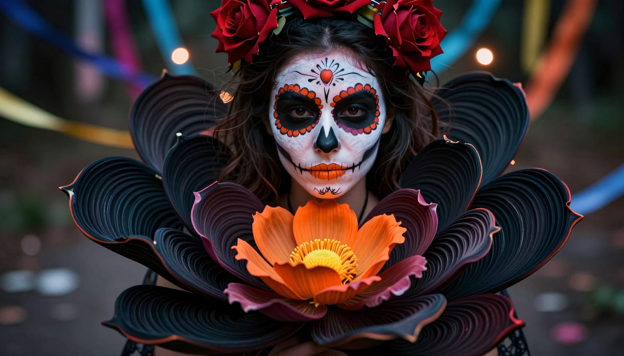 Portrait of a person with sugar skull face paint, wearing a floral headpiece and a large decorative flower, celebrating Día de los Muertos.