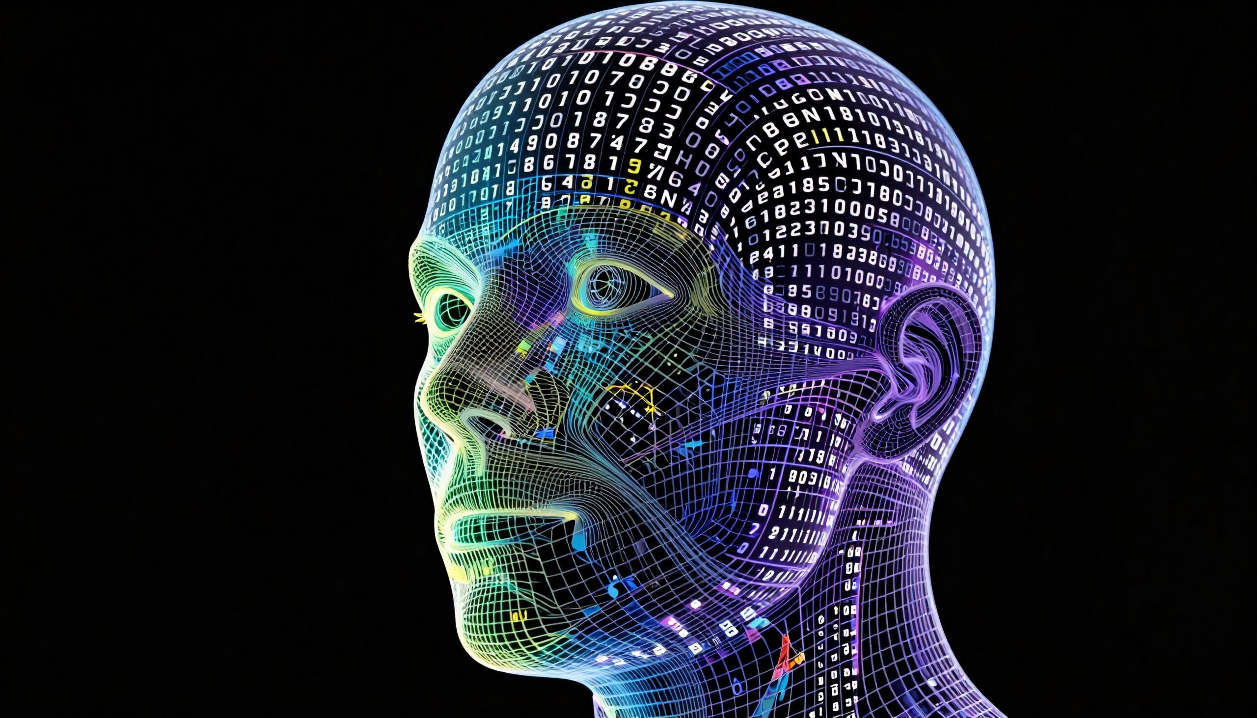 A detailed digital representation of a human head with binary code and neon colors, symbolizing artificial intelligence and technology innovation.
