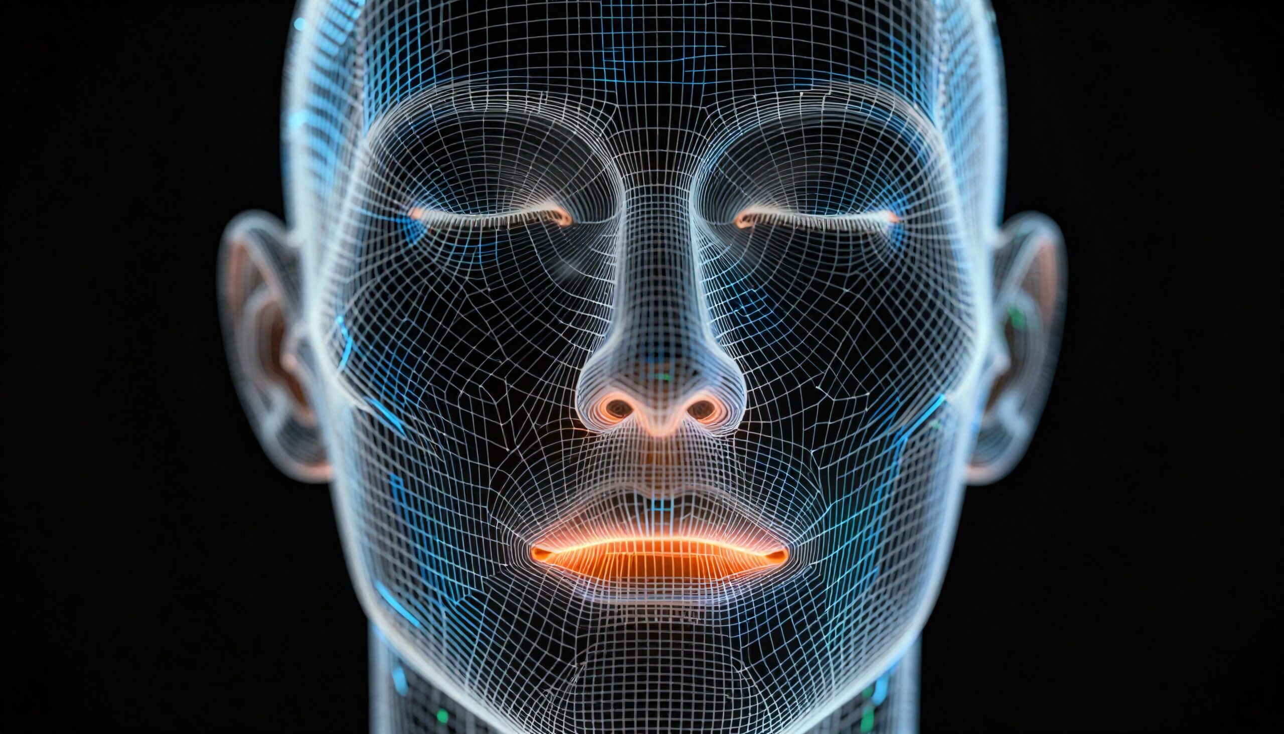 SEO-optimized alt text: Futuristic wireframe digital face visualization highlighting technology and artificial intelligence.