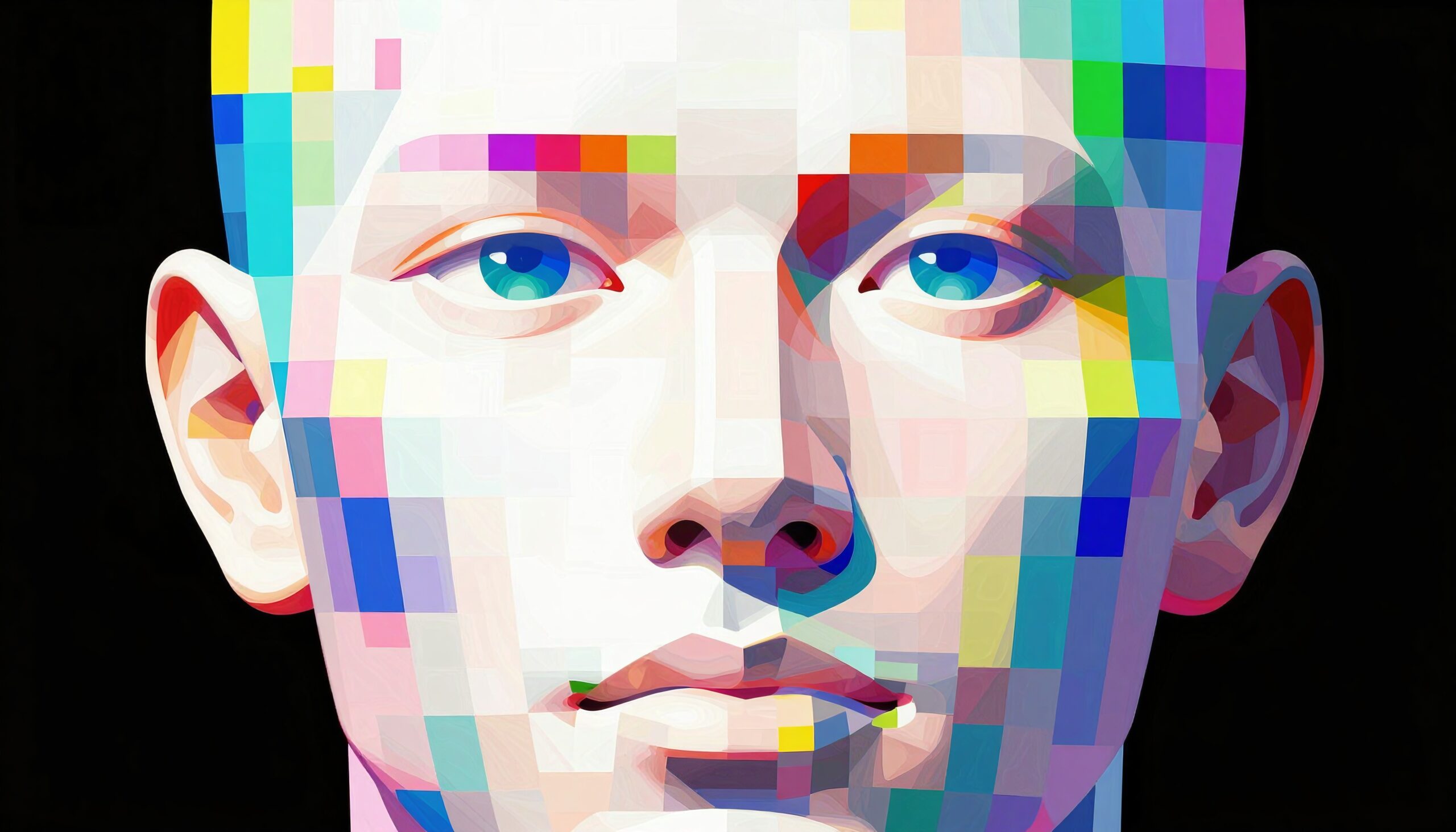 A colorful geometric portrait of a face made with vibrant squares and rectangles on a black background.