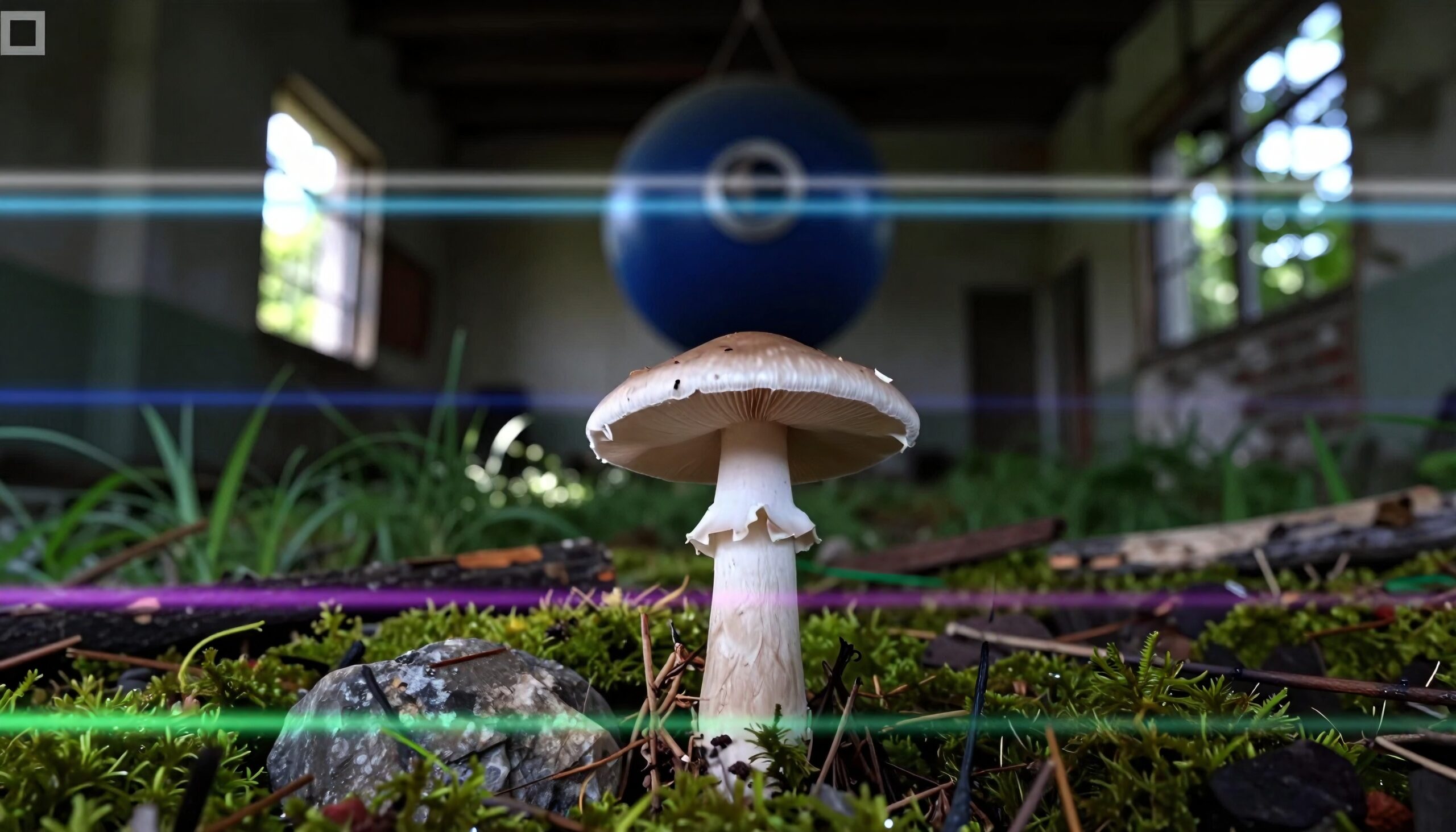 A mushroom in indoor moss setting, with blue punching bag.