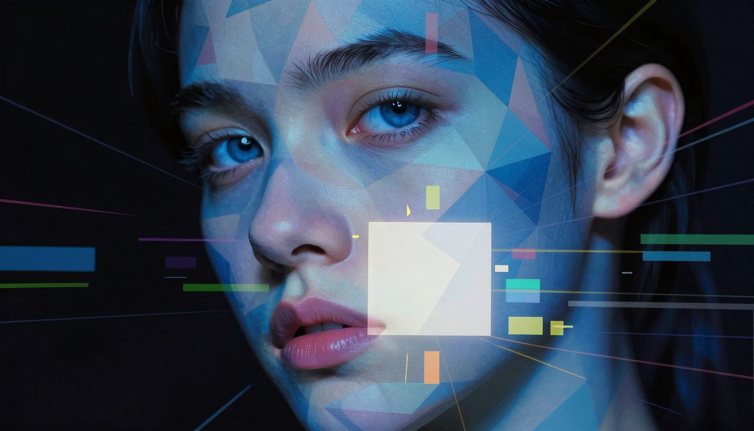 A digital portrait of a woman with geometric and abstract overlays.
