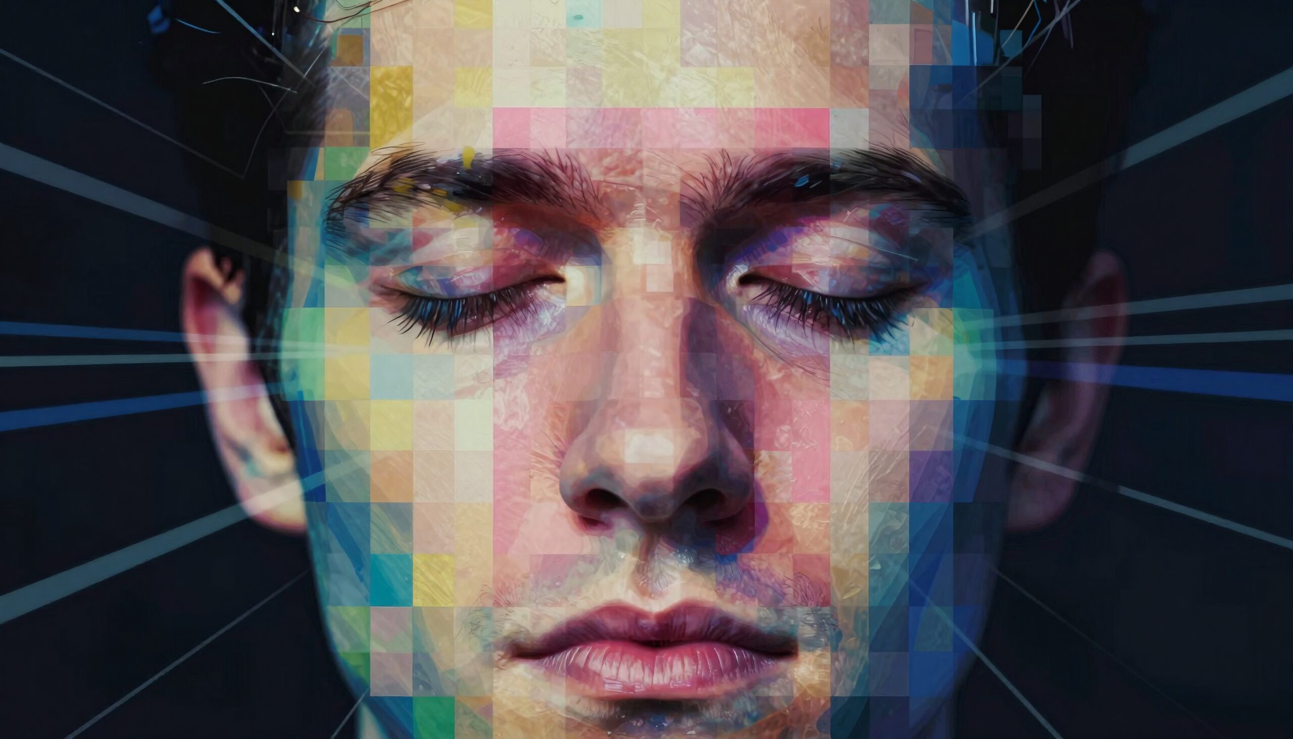 Colorful digital mosaic of a serene face with closed eyes.