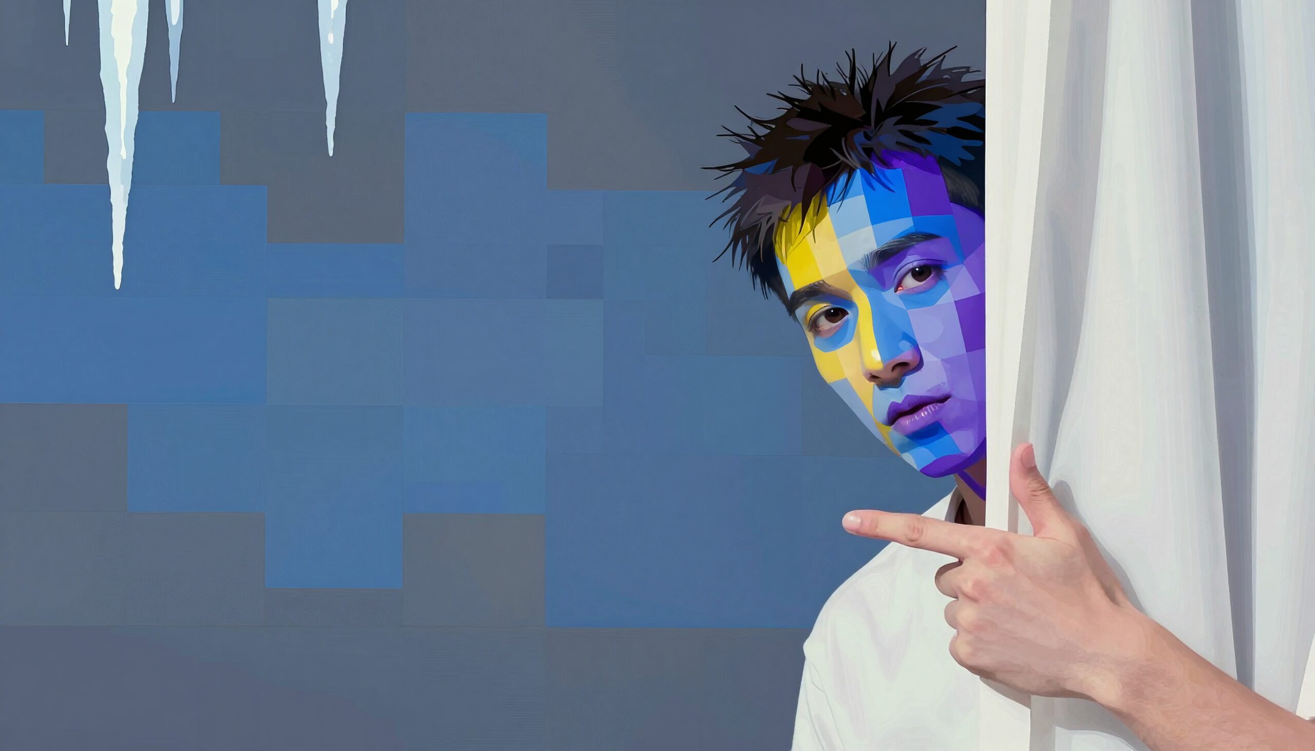 A colorful, pixelated portrait of a person with blue and yellow mosaic face, partially hidden behind a curtain, with icicles above.
