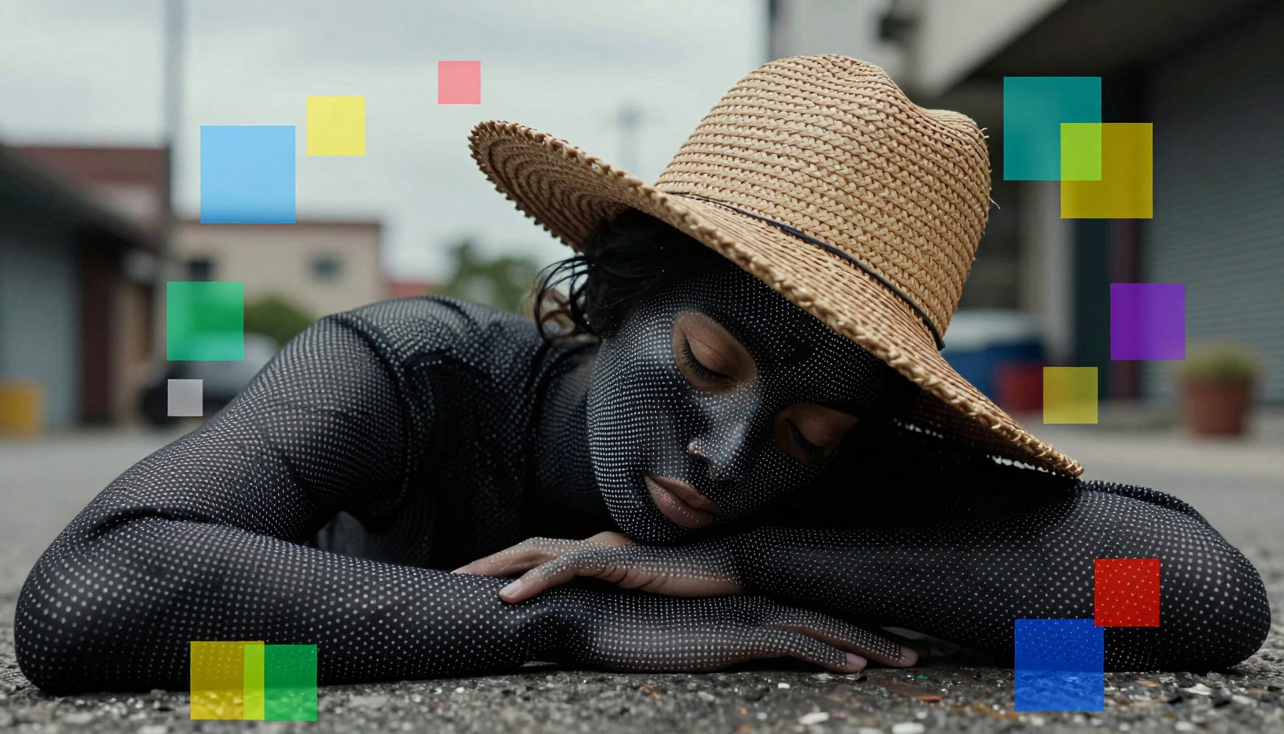A person in a dotted bodysuit and straw hat resting on an urban street with colorful geometric shapes in the background.