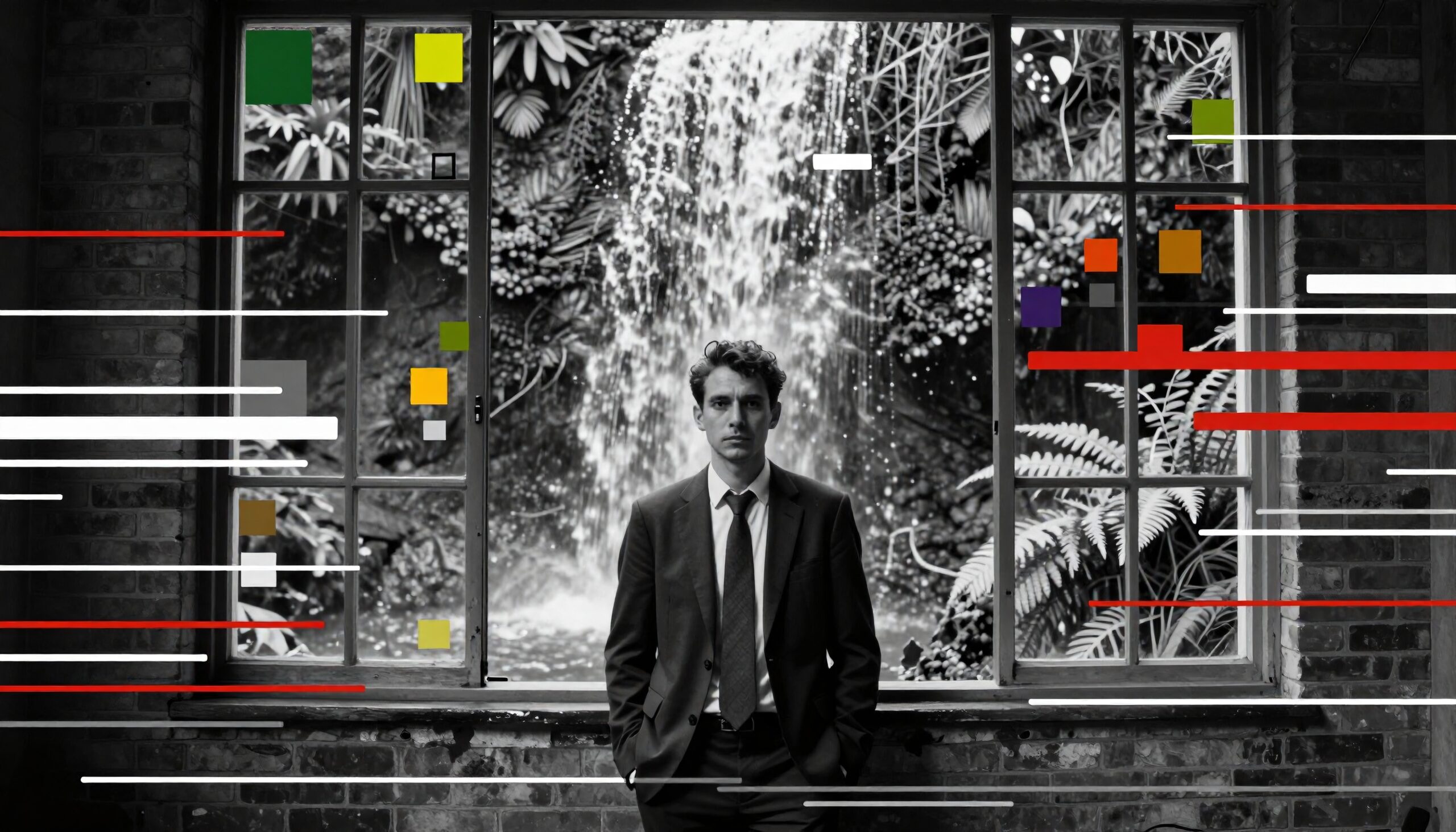 Man in suit stands by window with waterfall in background, colorful geometric shapes overlay.