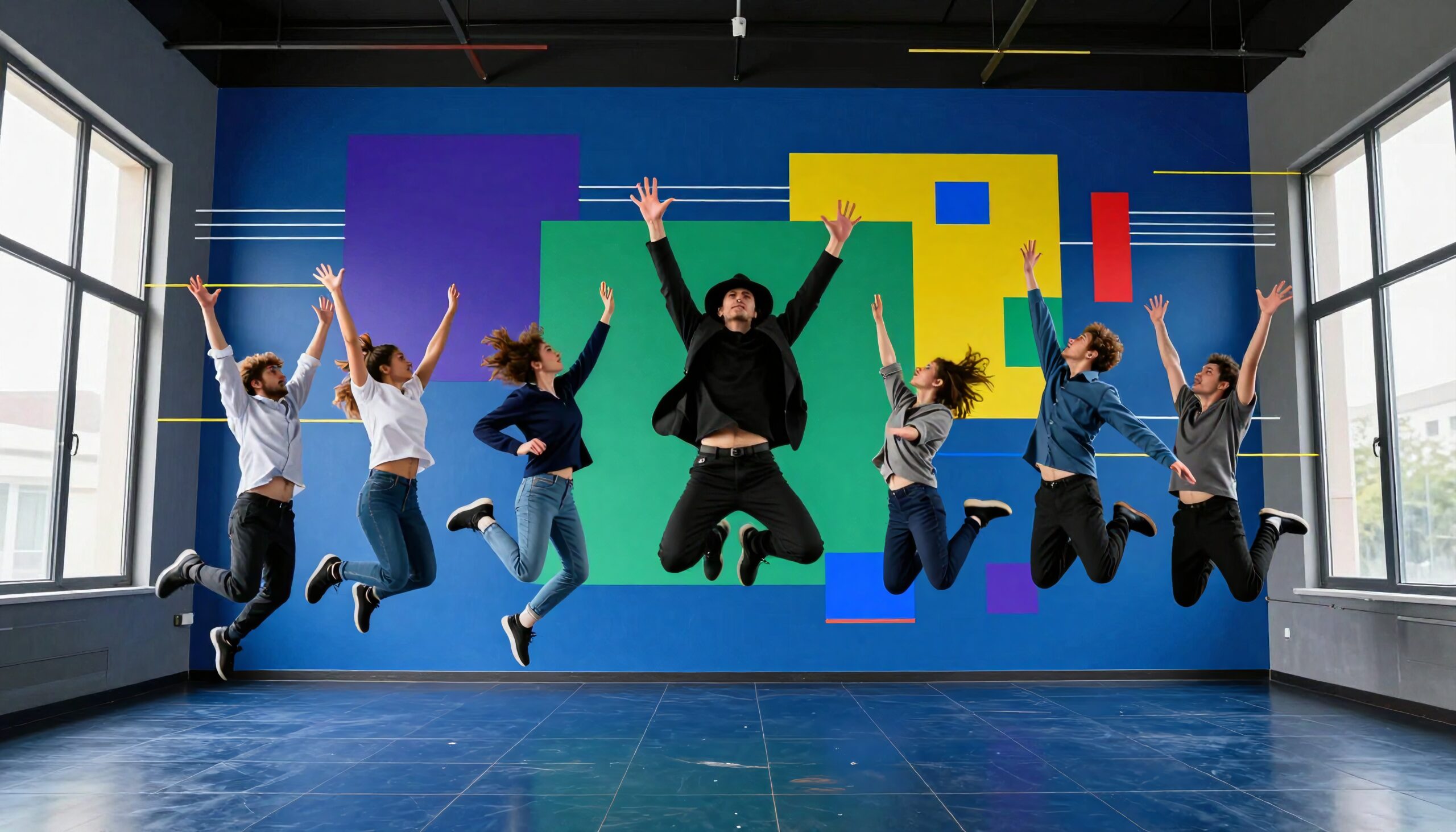 Seven people joyfully jump indoors against a colorful mural backdrop.