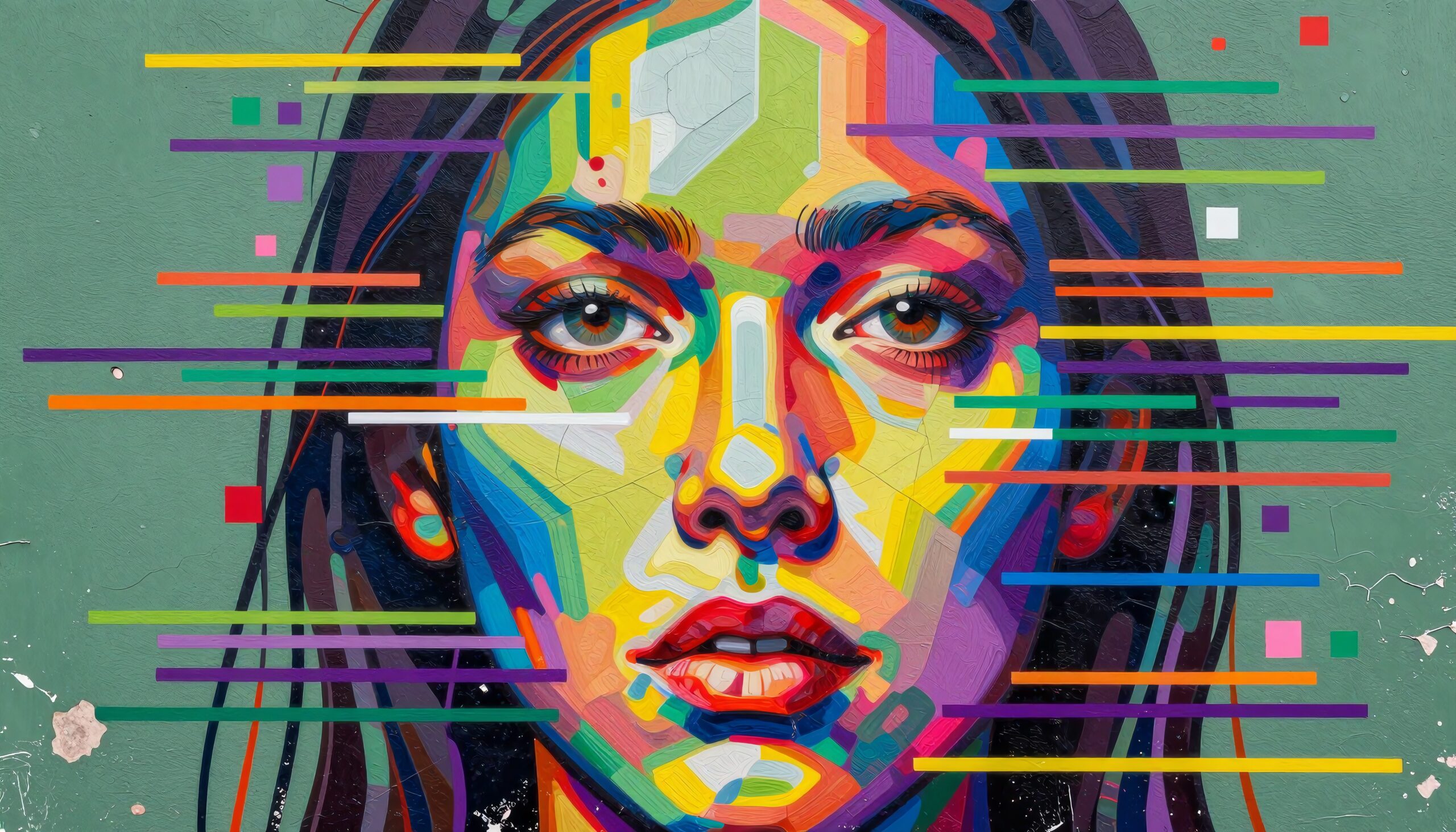 Vibrant geometric mural of a woman's face.