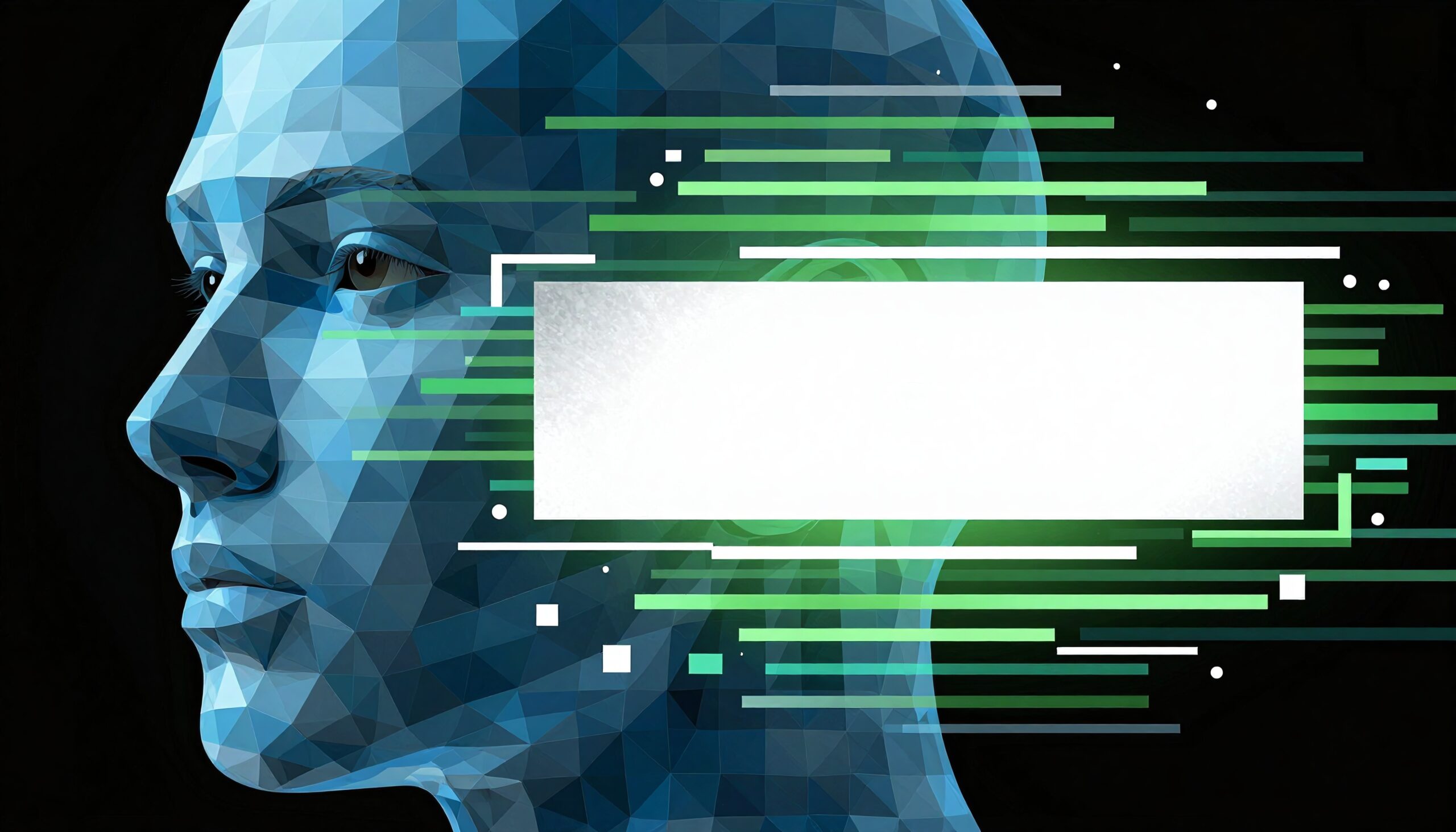 Polygonal blue face against digital background.
