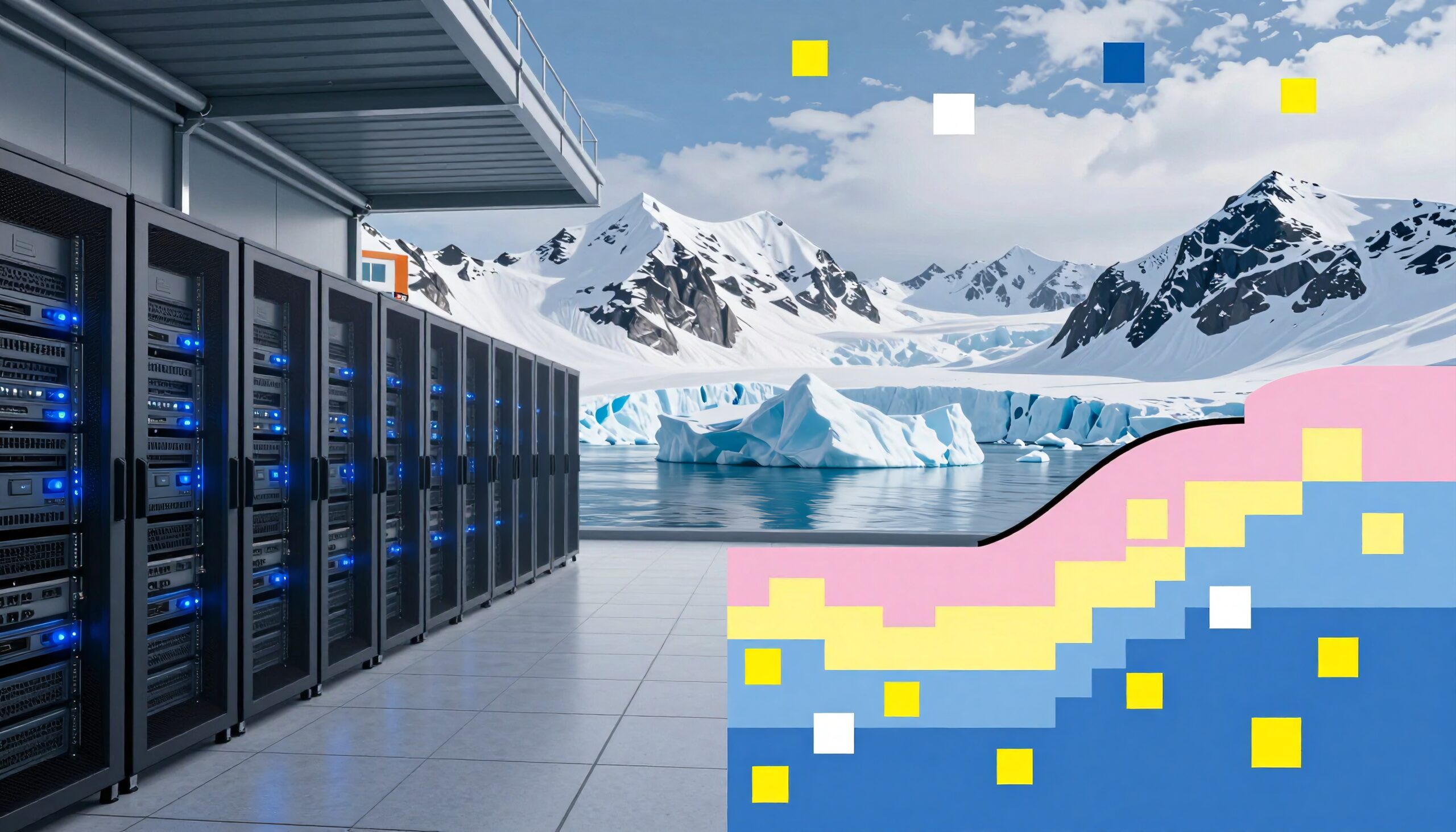 A row of server racks in front of arctic mountains and icebergs under a vibrant blue sky.