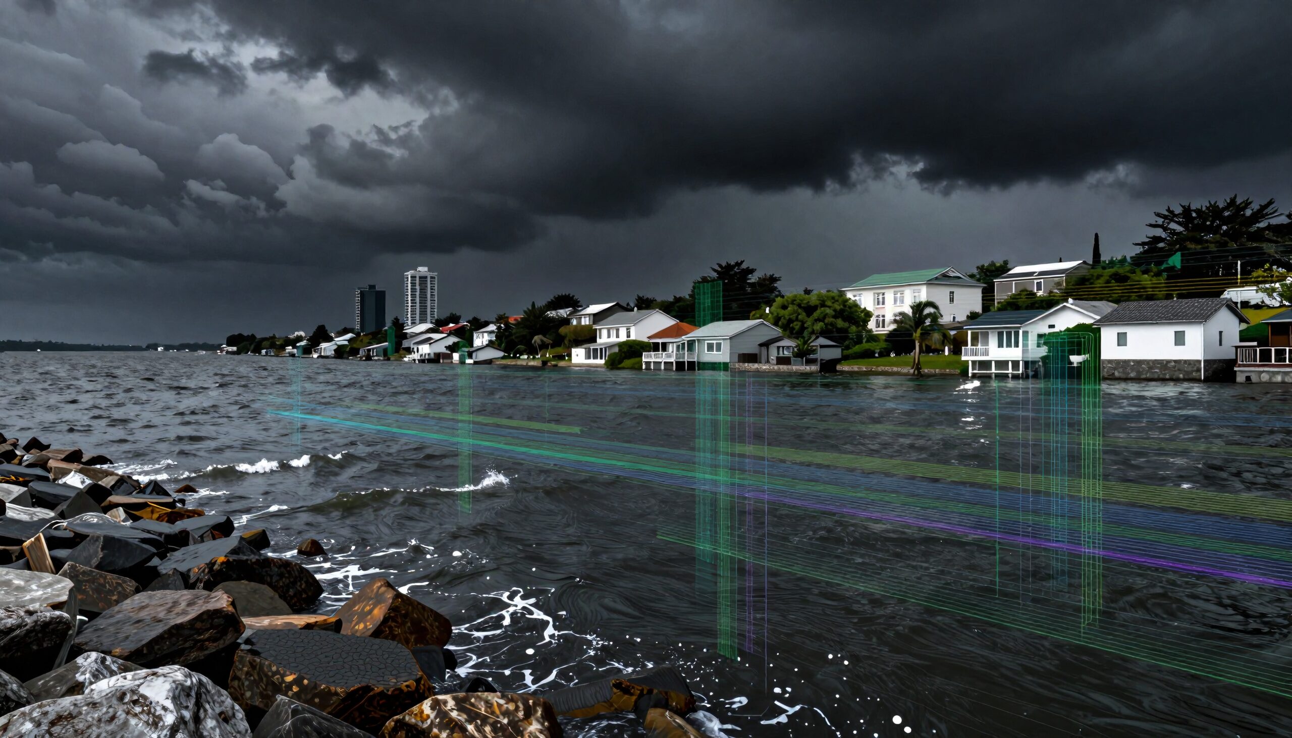 Stormy Coastal Neighborhood with Waves
