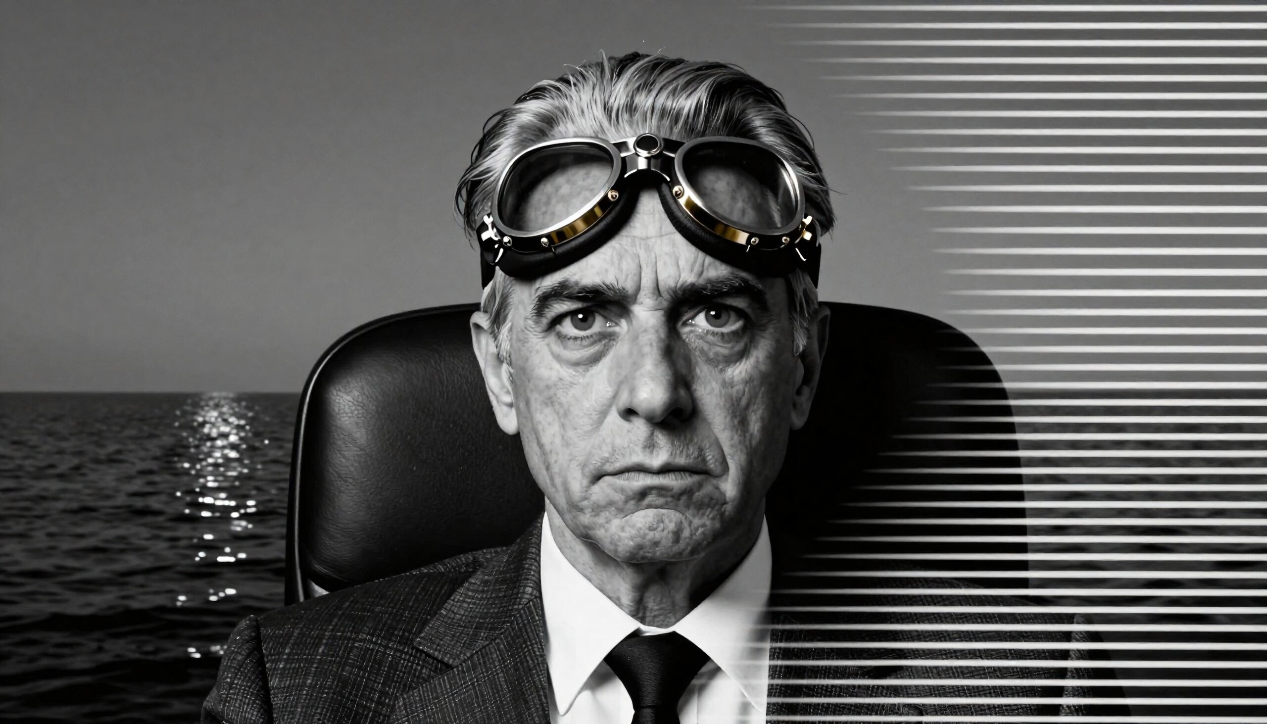 A monochrome portrait of a man, wearing goggles, seated by the ocean with abstract line patterns.