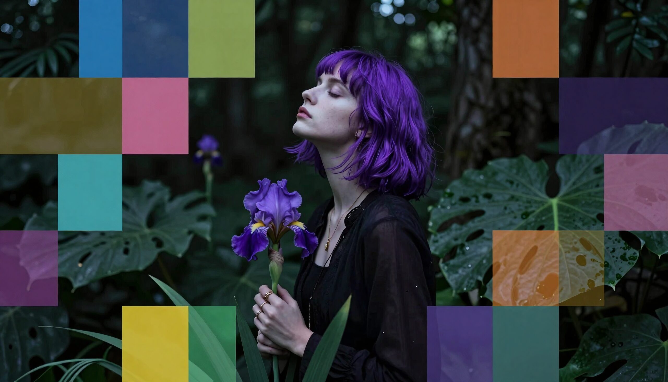 A woman with purple hair holding a purple flower, surrounded by tropical leaves and colorful overlays in a lush forest setting.