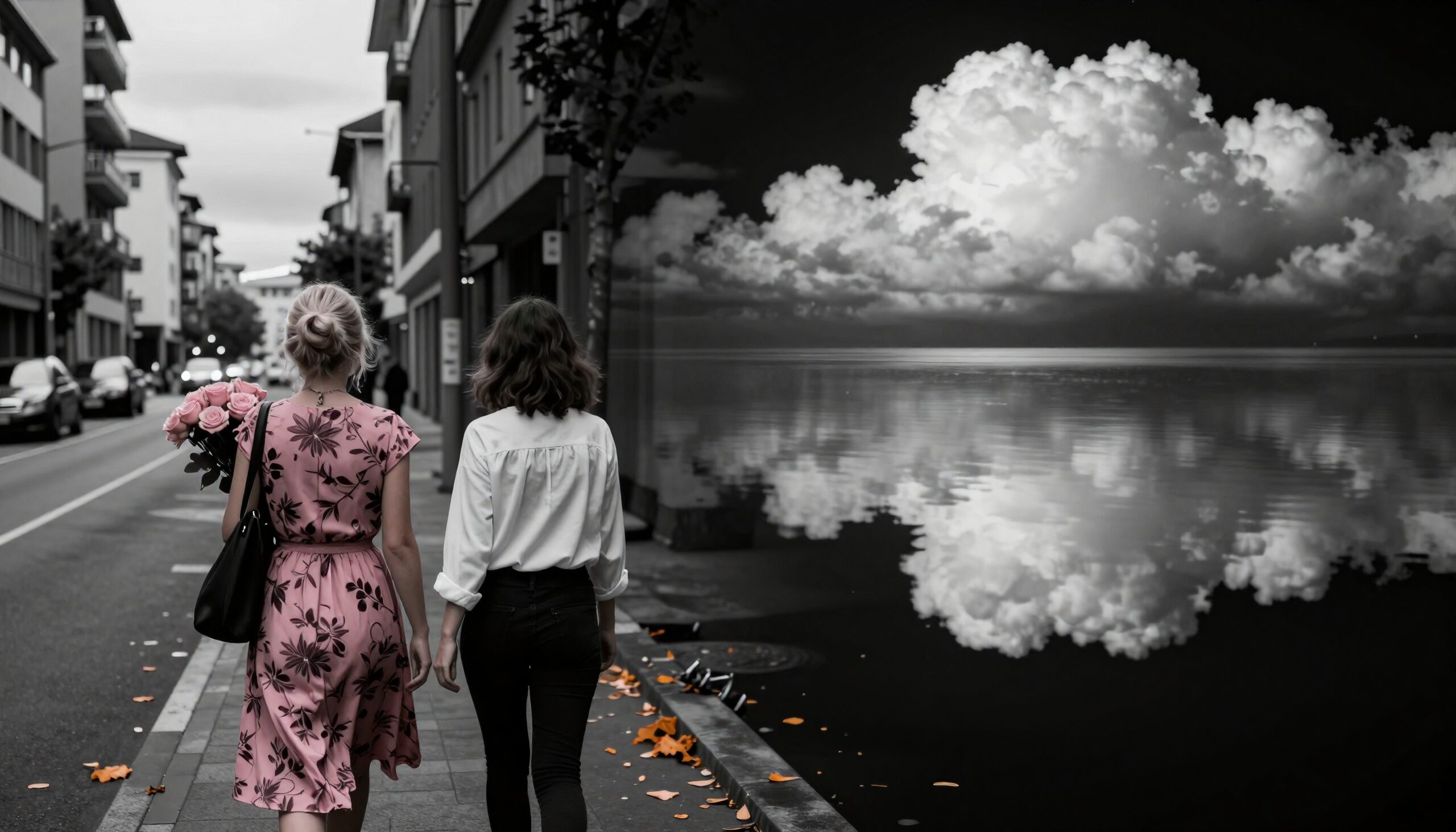Two women walking on a city street with pink roses, contrasting against a surreal cloud reflection backdrop.