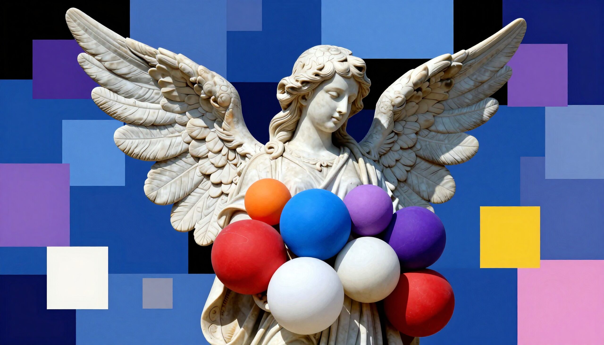 Intricate marble angel statue with colorful spheres and geometric background.