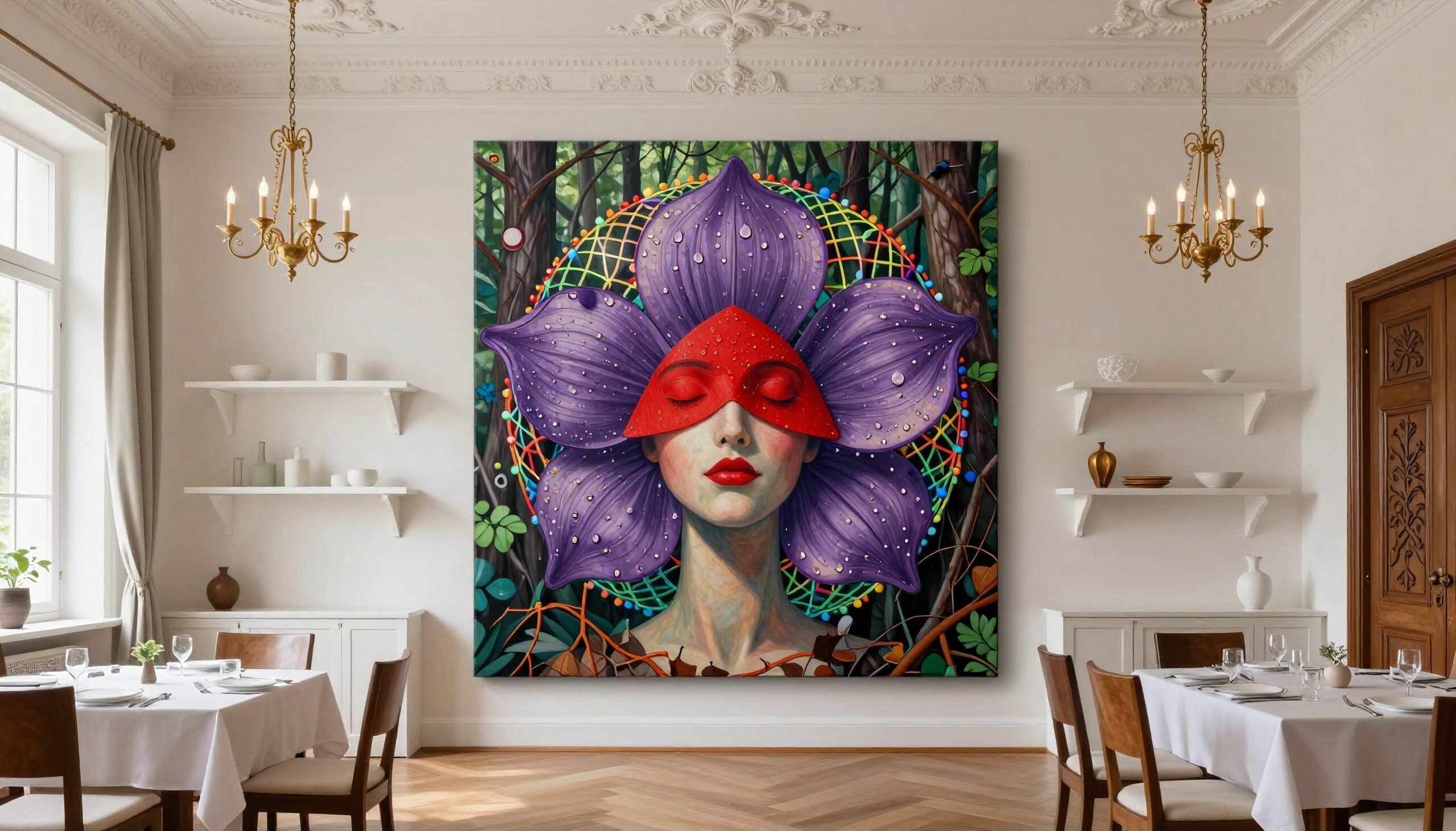 A surreal painting of a masked woman with purple flower petals set in an elegant dining room.
