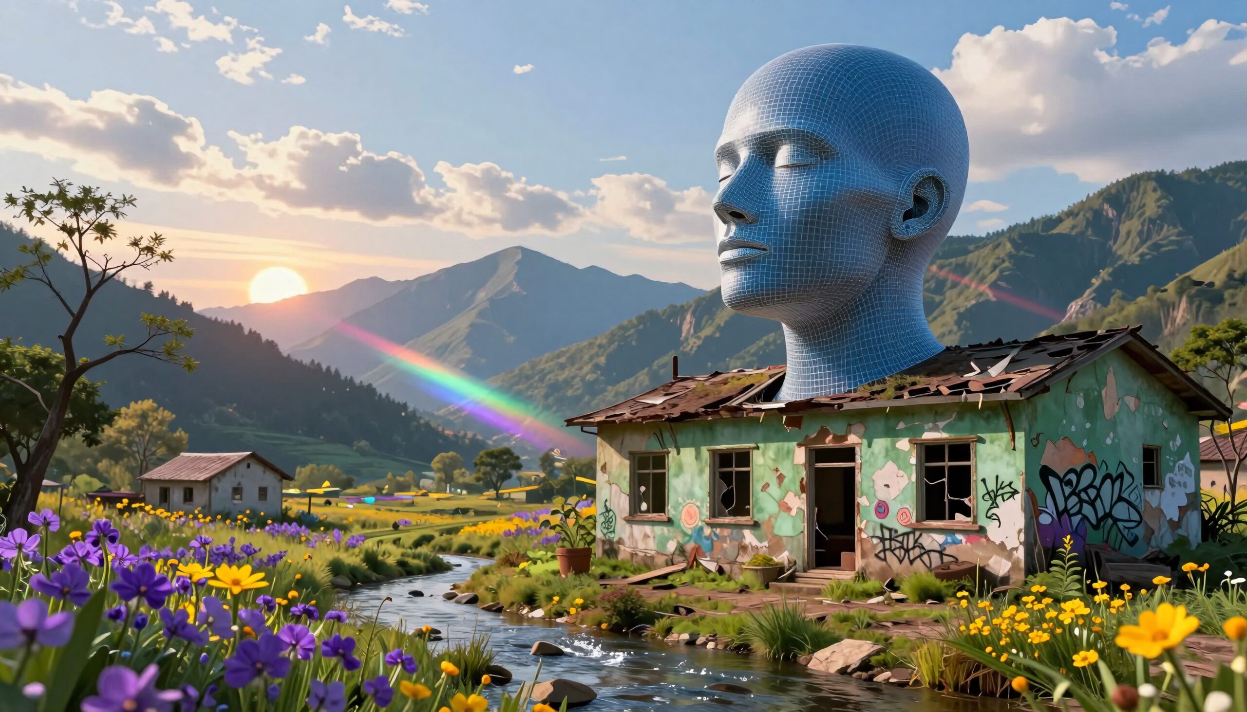 A surreal scene of a digital wireframe head emerging from a house amidst vibrant flowers, mountains, and a rainbow.