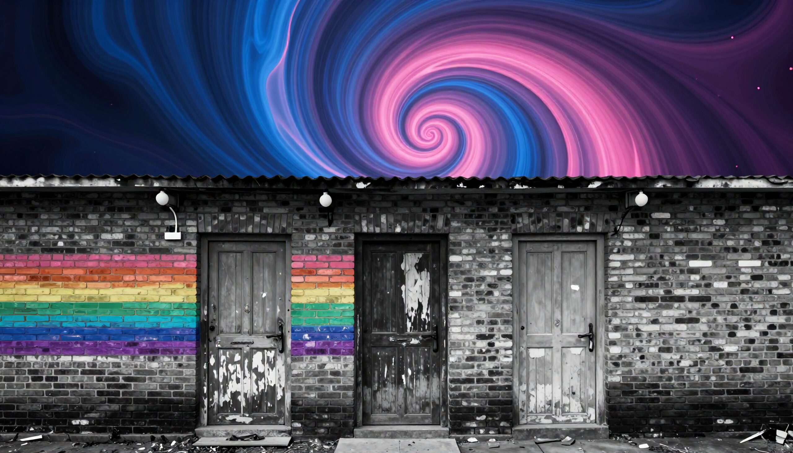A vivid rainbow mural on a monochrome brick wall with a cosmic swirl backdrop.