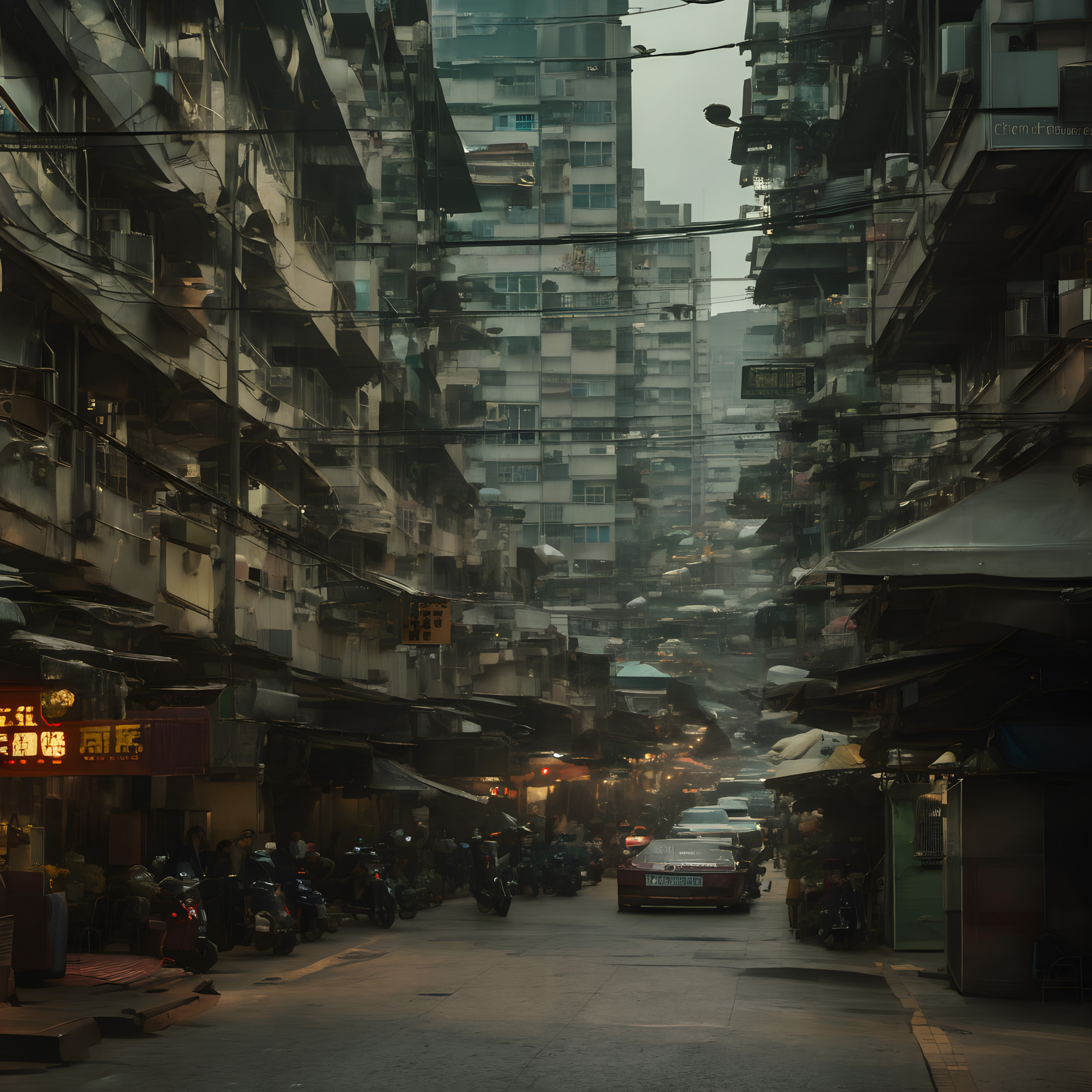 A bustling urban alleyway filled with cars, motorcycles, and pedestrians between towering high-rise buildings, creating a moody, densely packed city scene.