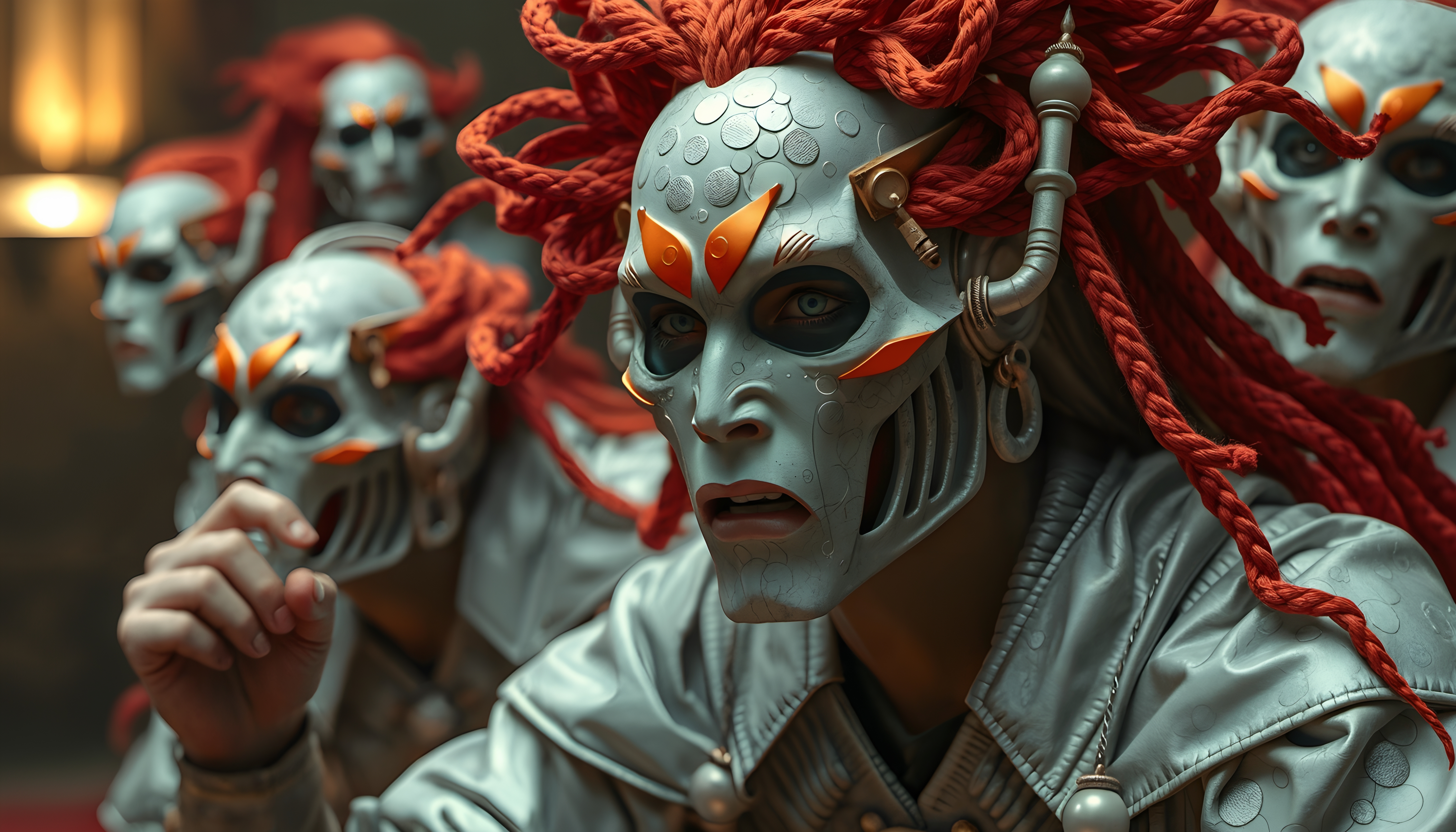 A group of individuals wearing ornate, silver masks with orange accents and bright red braided hair in a futuristic setting.