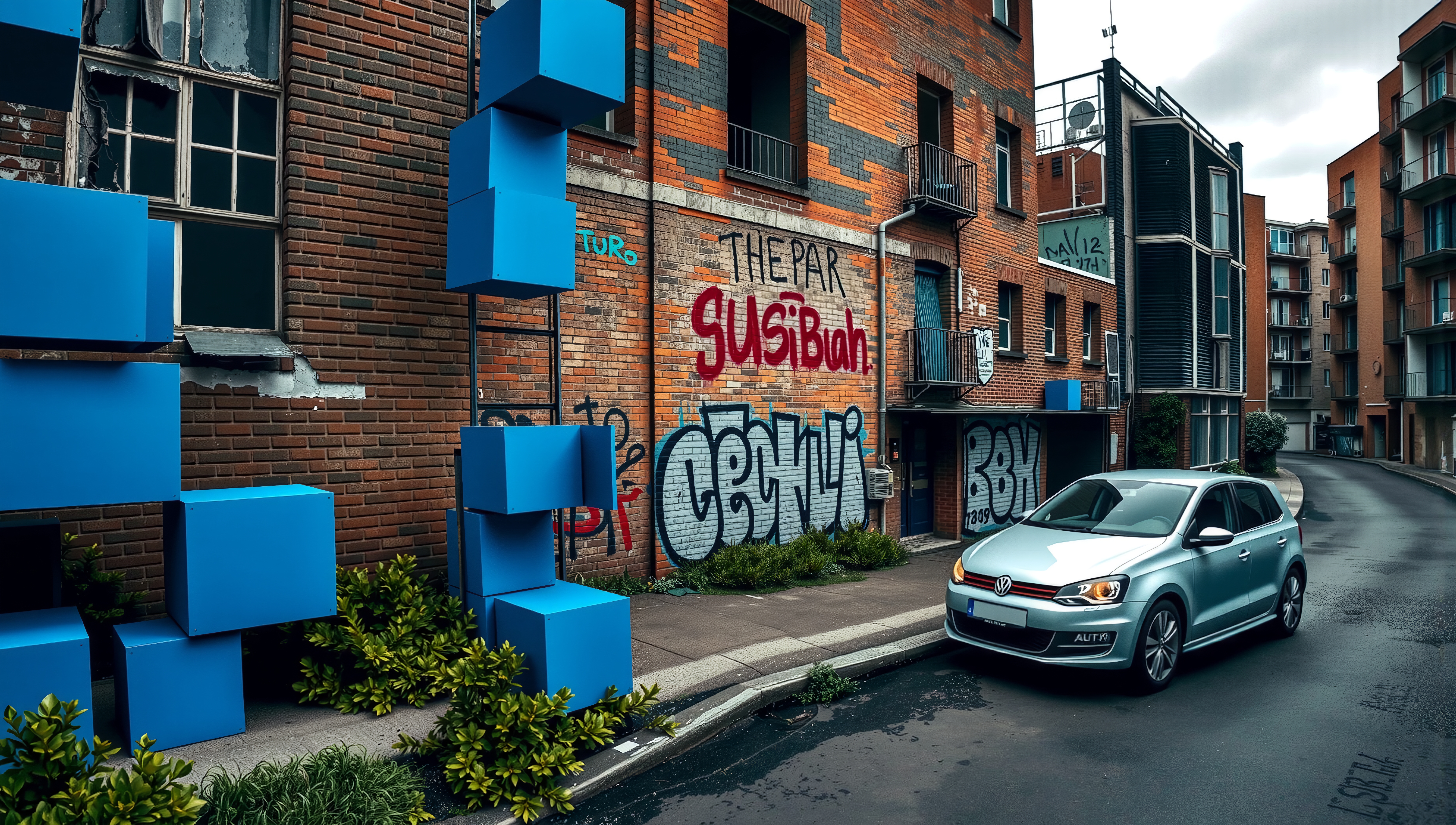 Urban Street with Blue Cubes