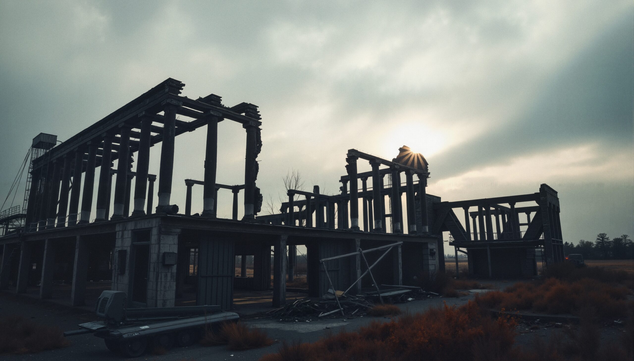 Abandoned industrial building under a cloudy sky with sunshine breaking through, surrounded by overgrown vegetation and debris.