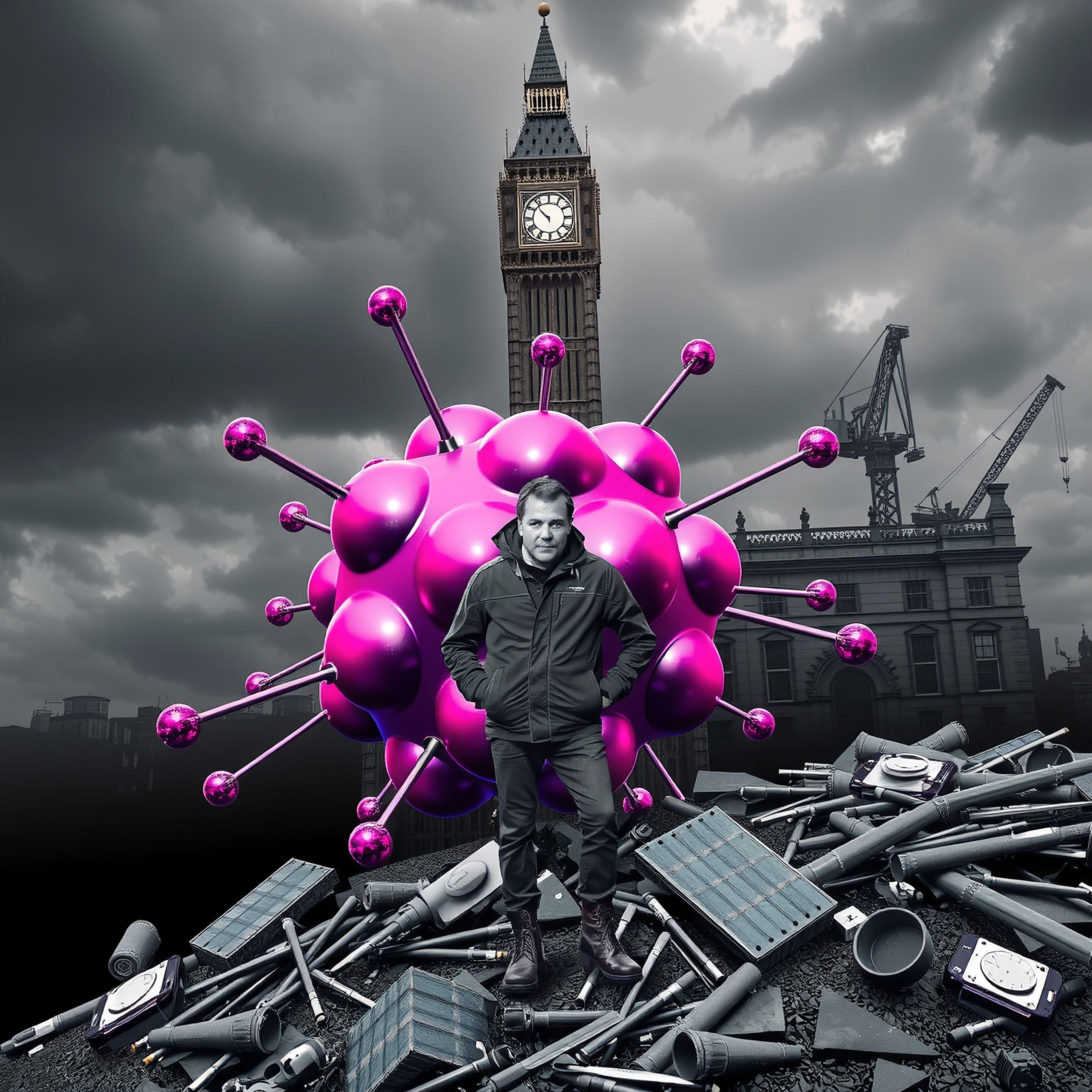 A man stands before a giant pink virus structure with Big Ben in the background, surrounded by urban debris under stormy skies.