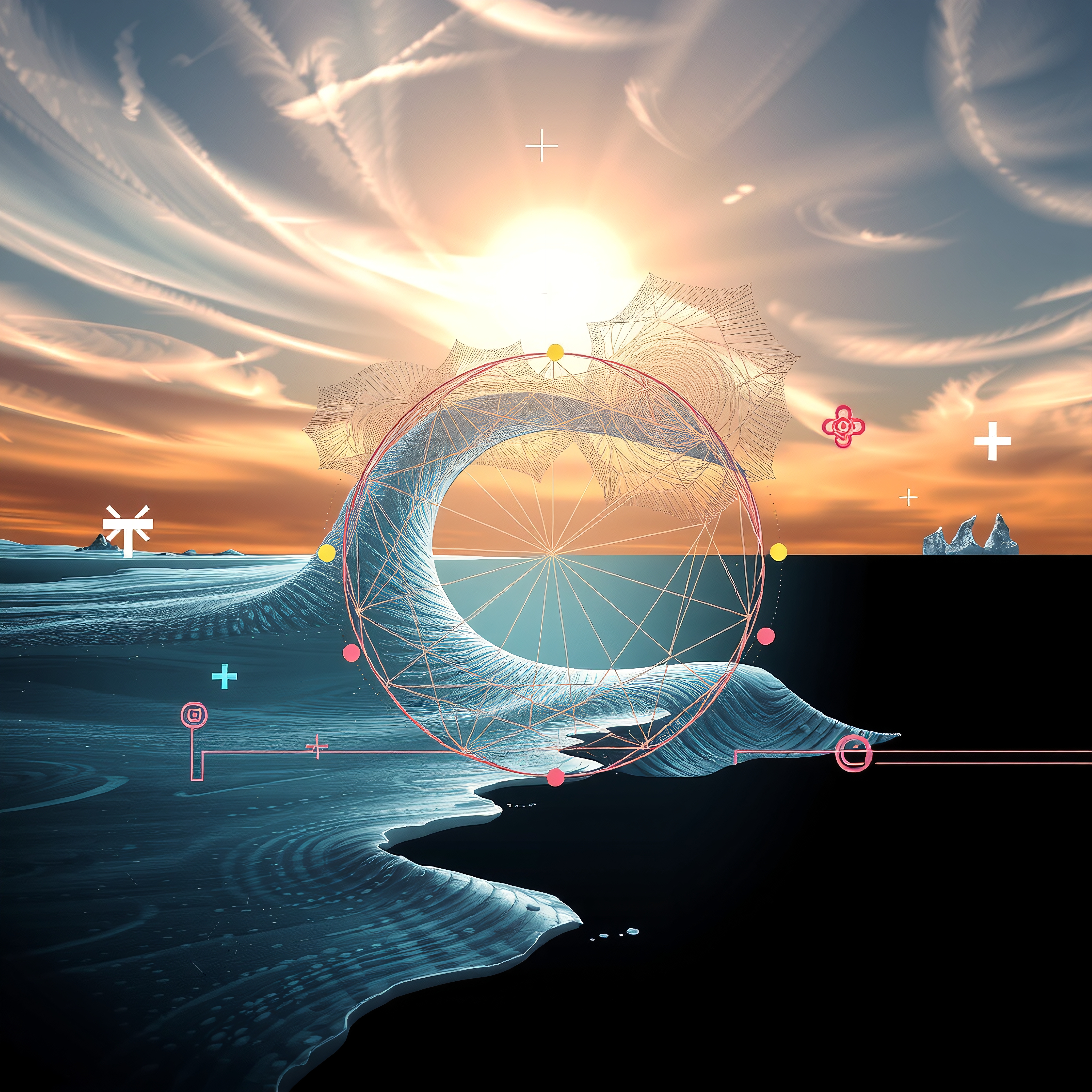 A futuristic abstract ocean scene with geometric shapes and a stunning sunset.