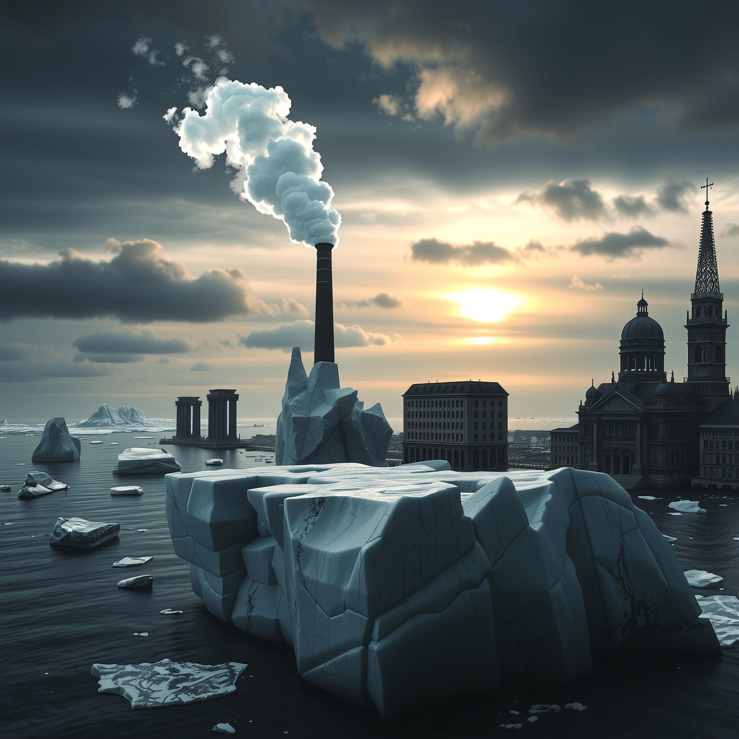 A striking image of icebergs and historical buildings with a smokestack, illustrating a dramatic cityscape at sunset.