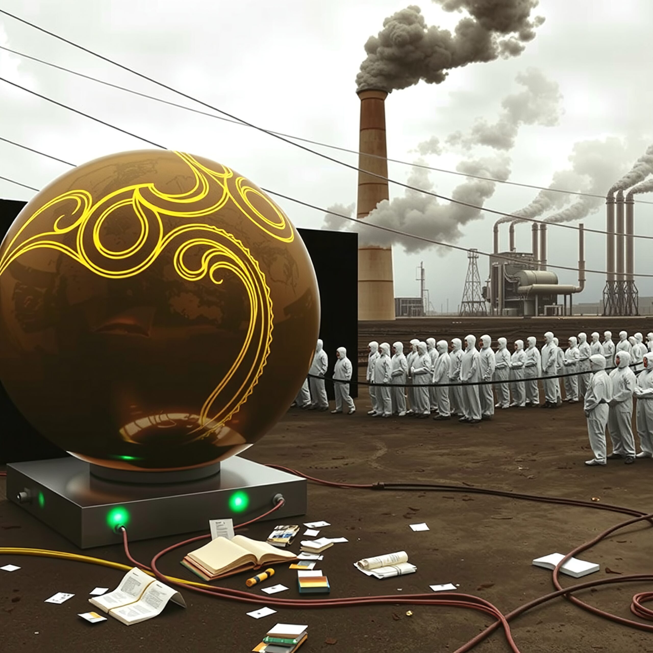A large glowing sphere with golden patterns is connected to a box amid an industrial landscape with smoky towers and uniformly dressed individuals in protective suits.