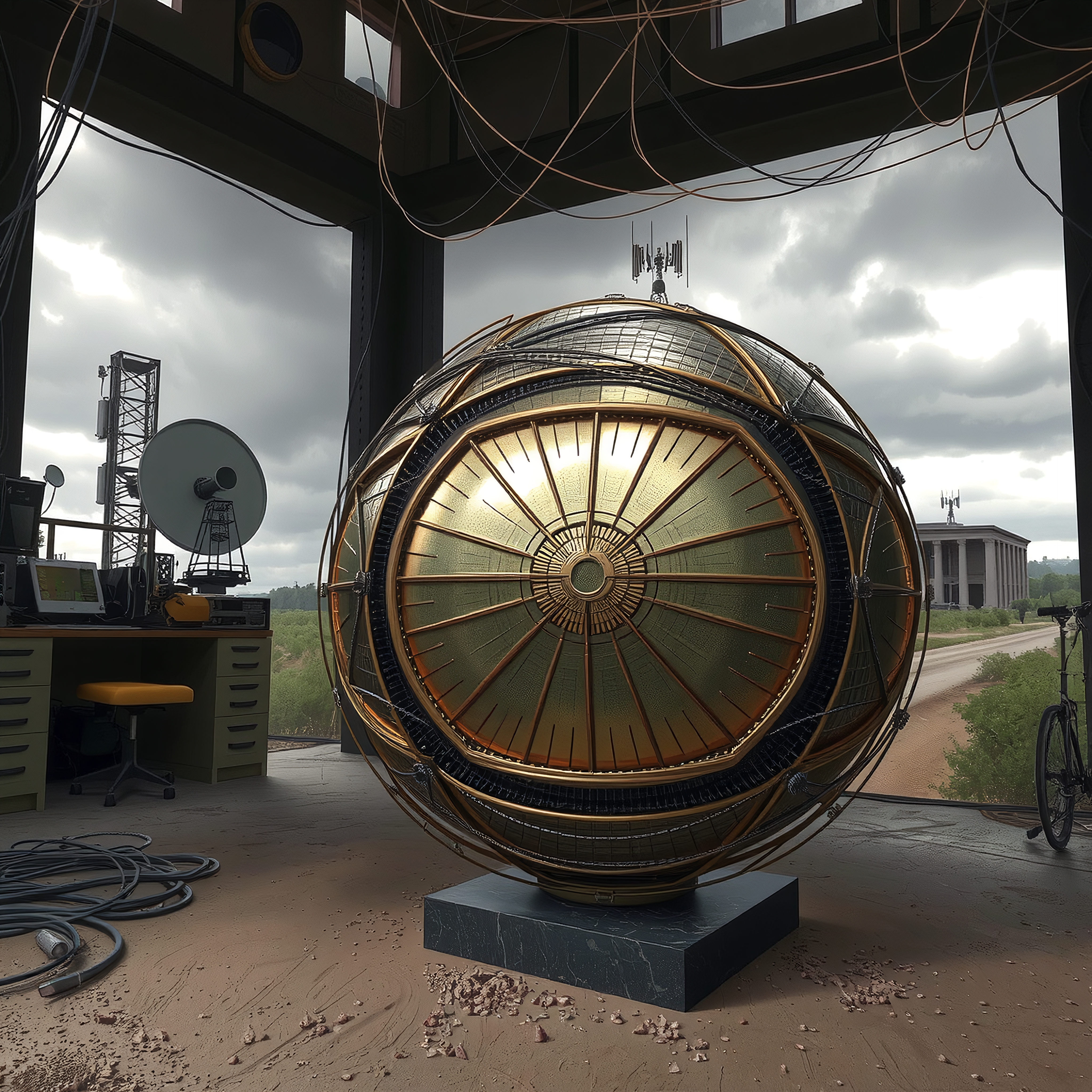 Futuristic metallic sphere installation in laboratory setting with advanced communication equipment and overcast backdrop.