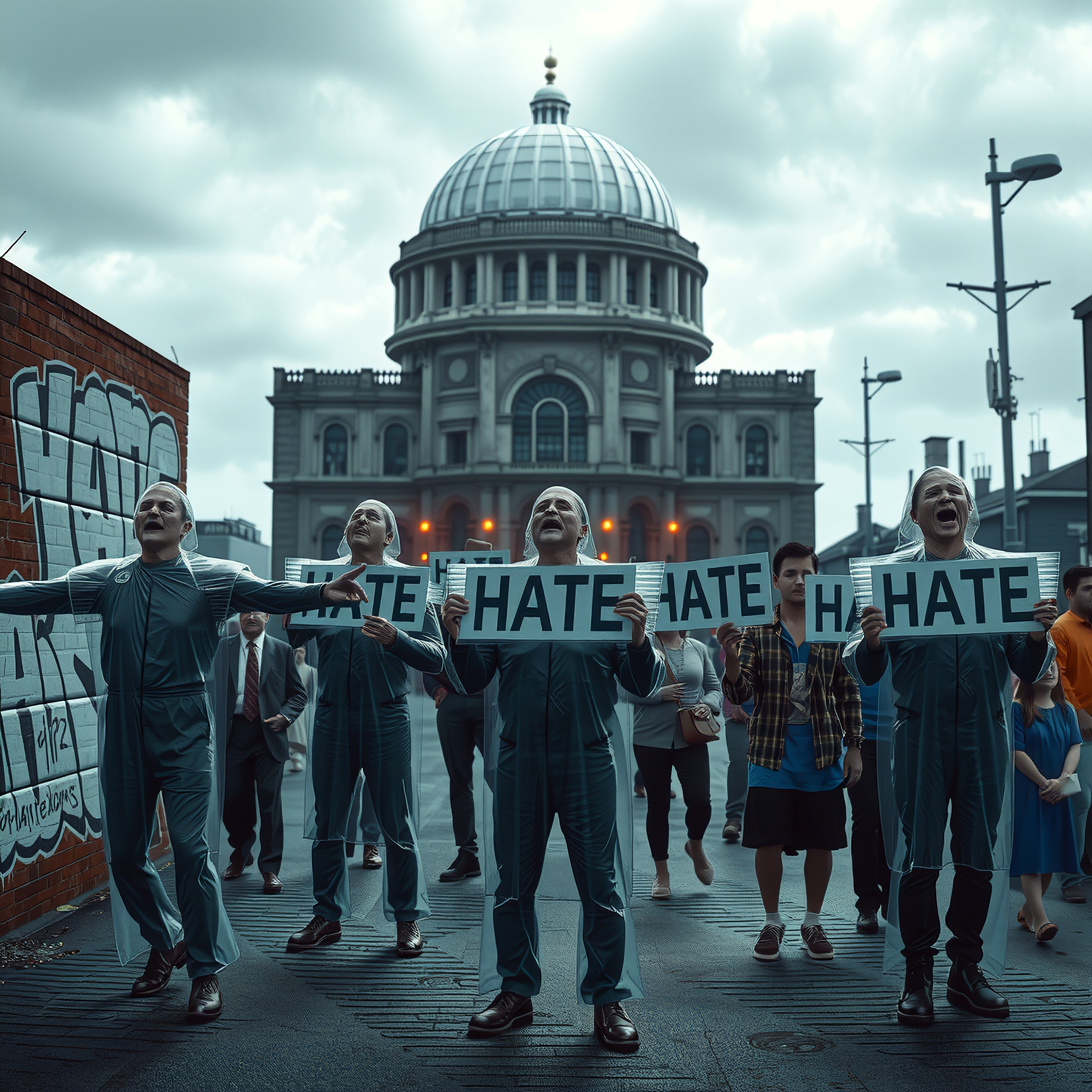 A group protests with "hate" signs outside a dome.