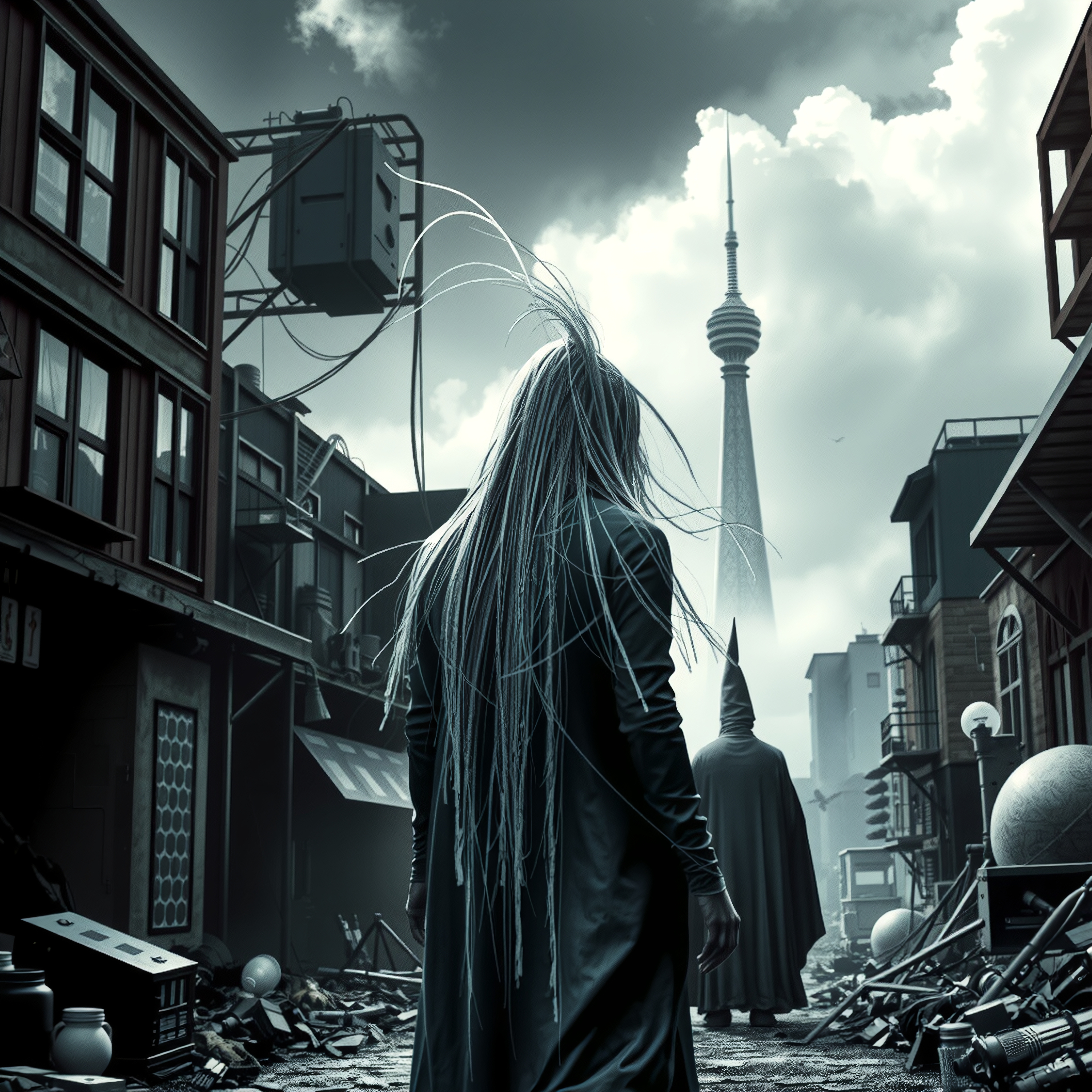A person with long hair in a post-apocalyptic city, with a distant tower under dramatic clouds.