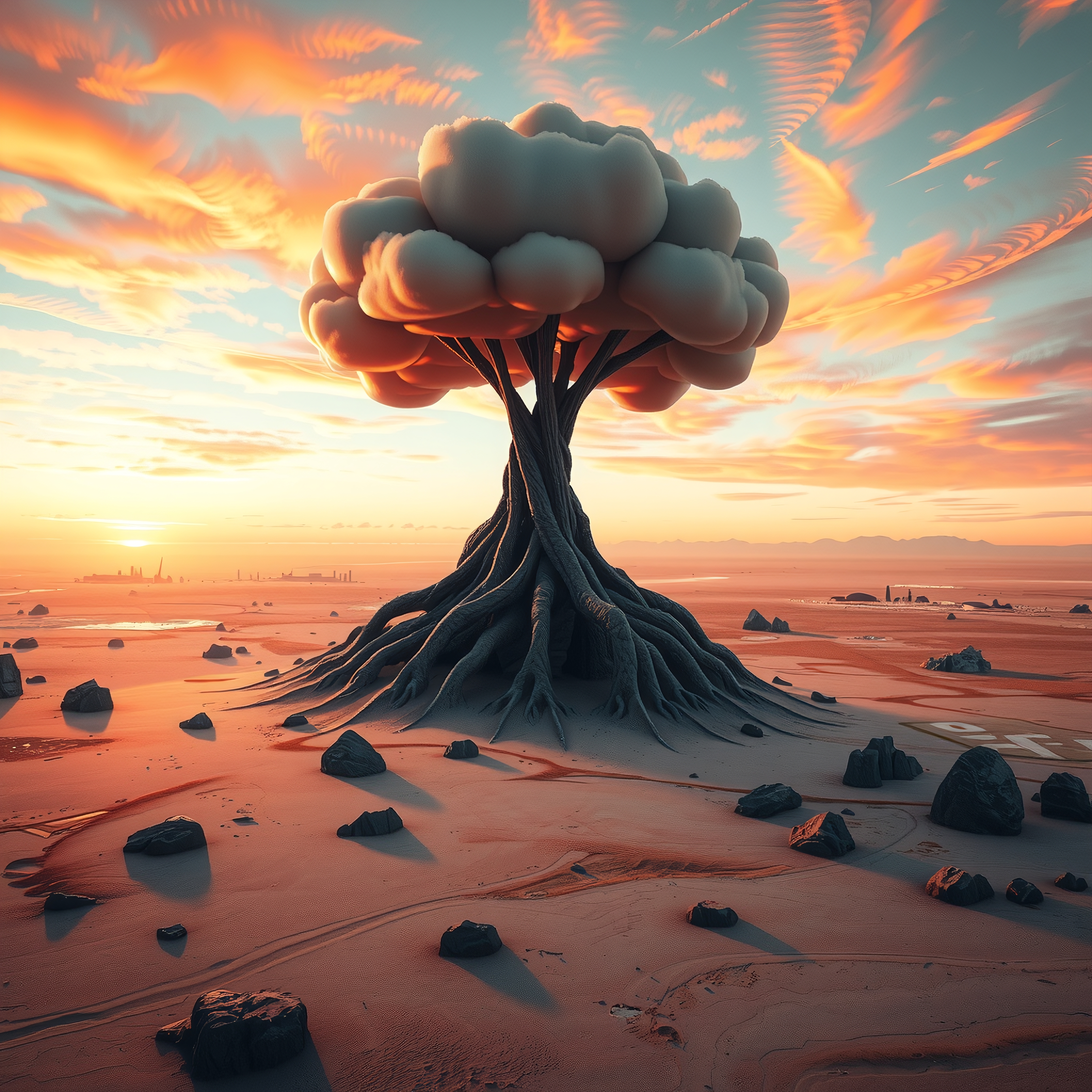 Surreal tree with cloud-like canopy stands in a vibrant desert landscape at sunset.