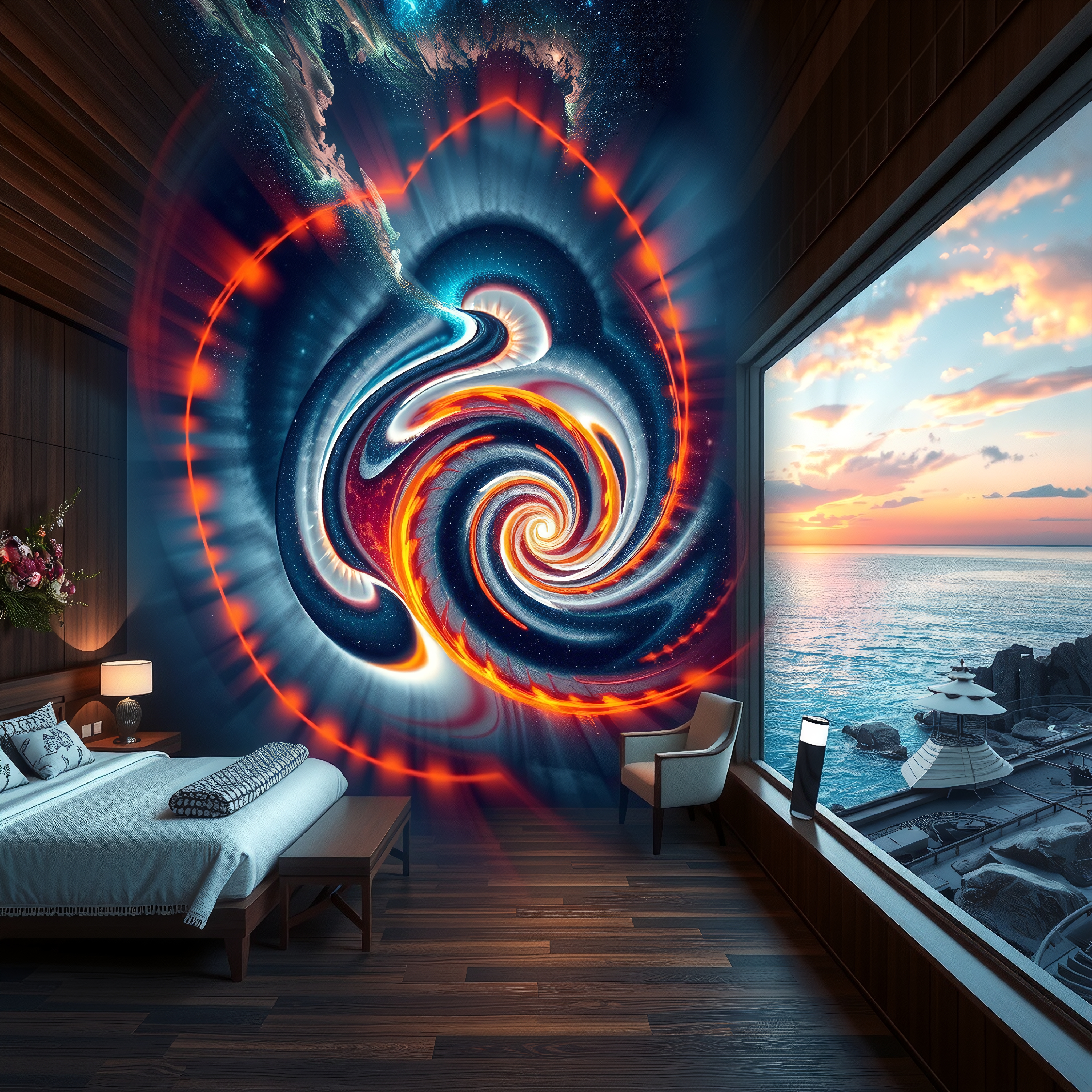 A serene bedroom with a vibrant cosmic mural and ocean sunset view.