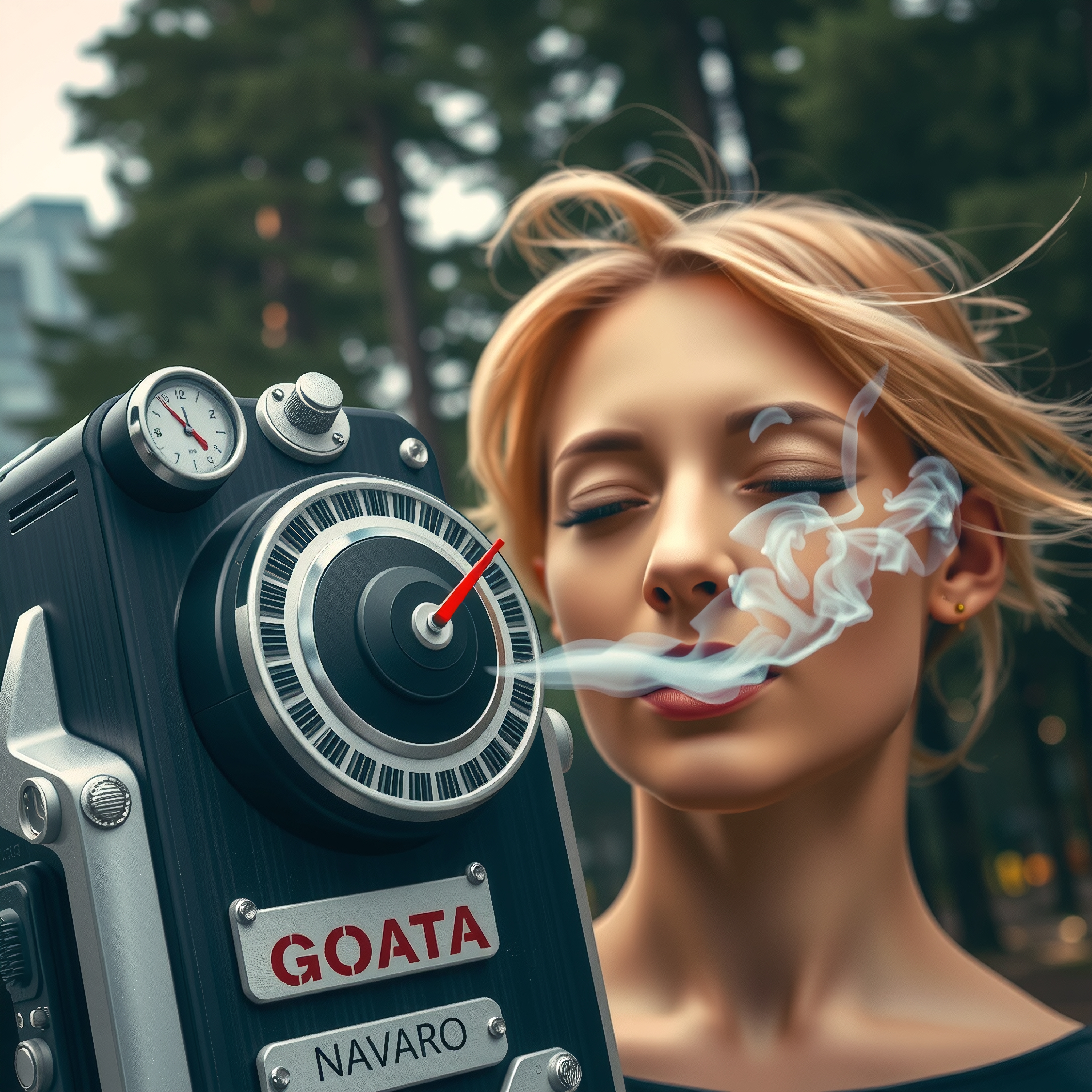 A woman stands with eyes closed in front of a futuristic device, emitting smoke in a park setting.