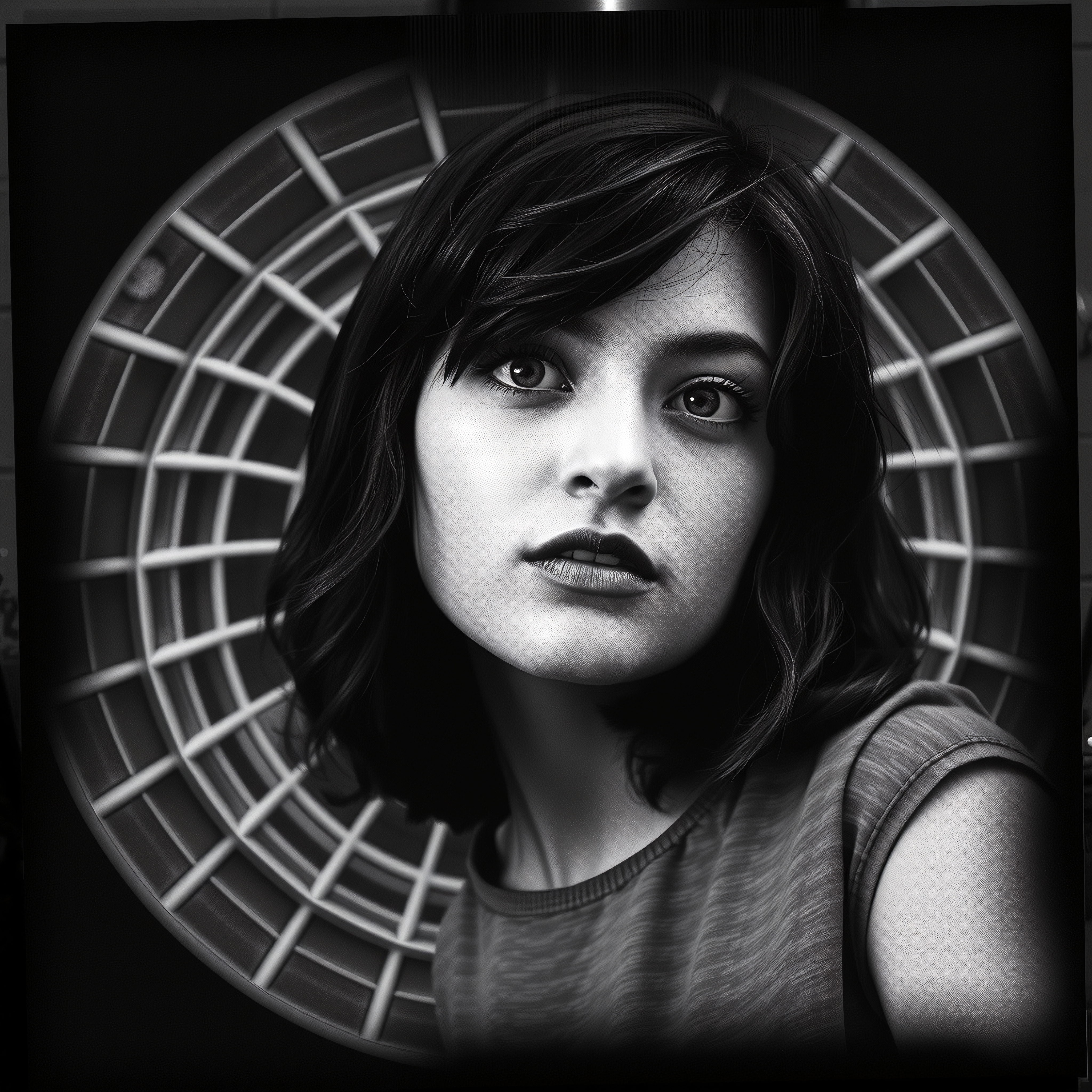 Monochrome portrait with geometric background