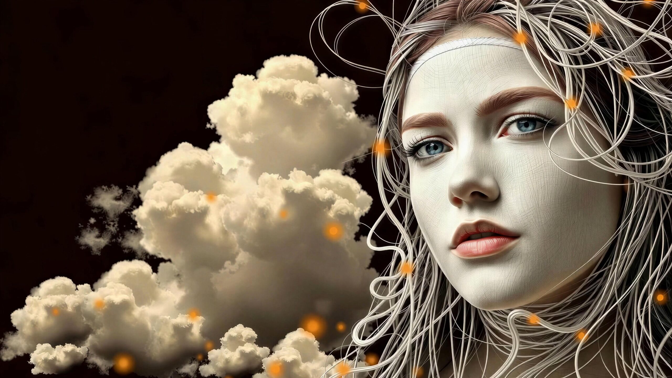 Ethereal girl surrounded by magical clouds and sparkling lights, fantasy art concept