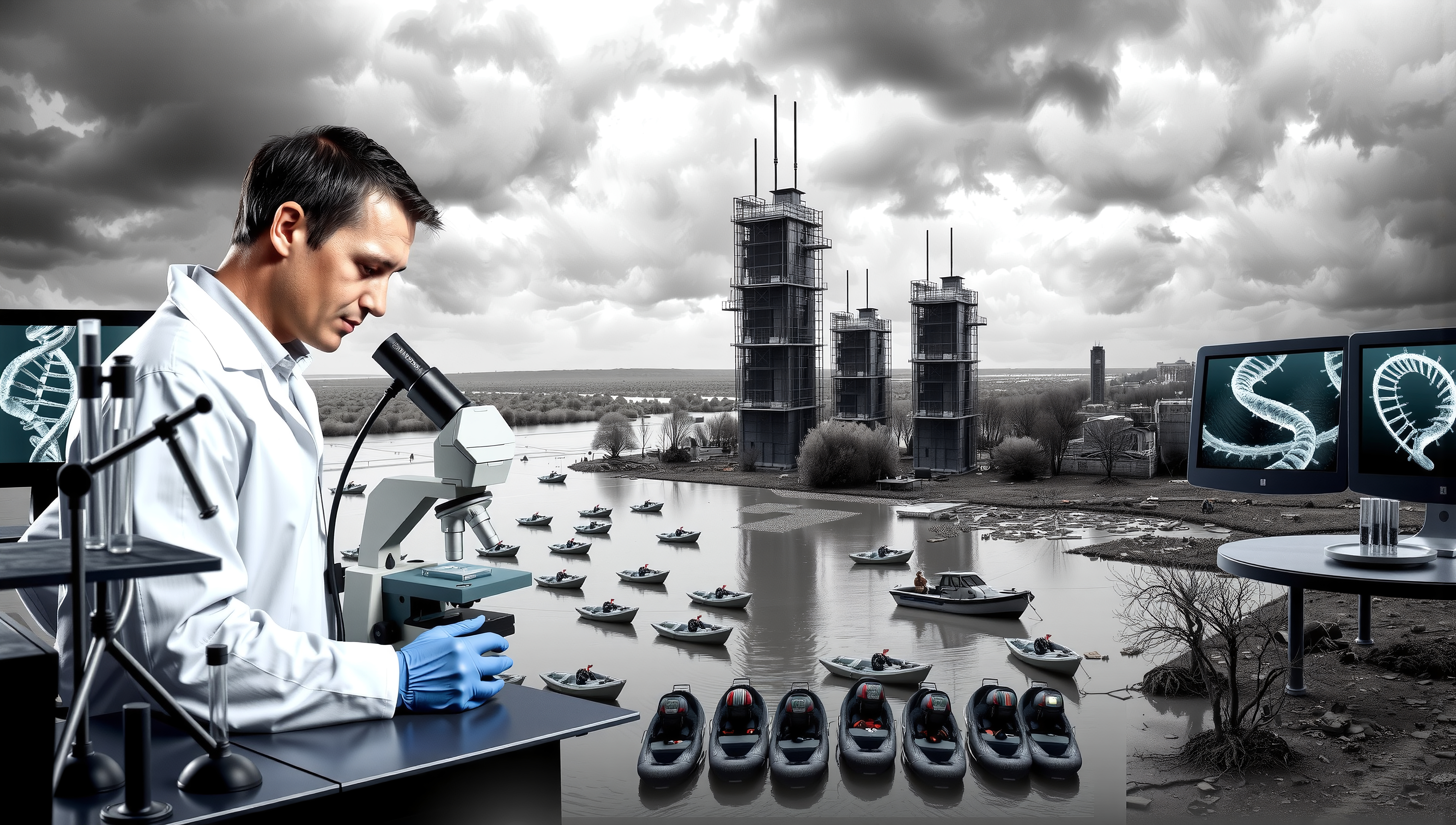 Scientist in lab and landscape scene.