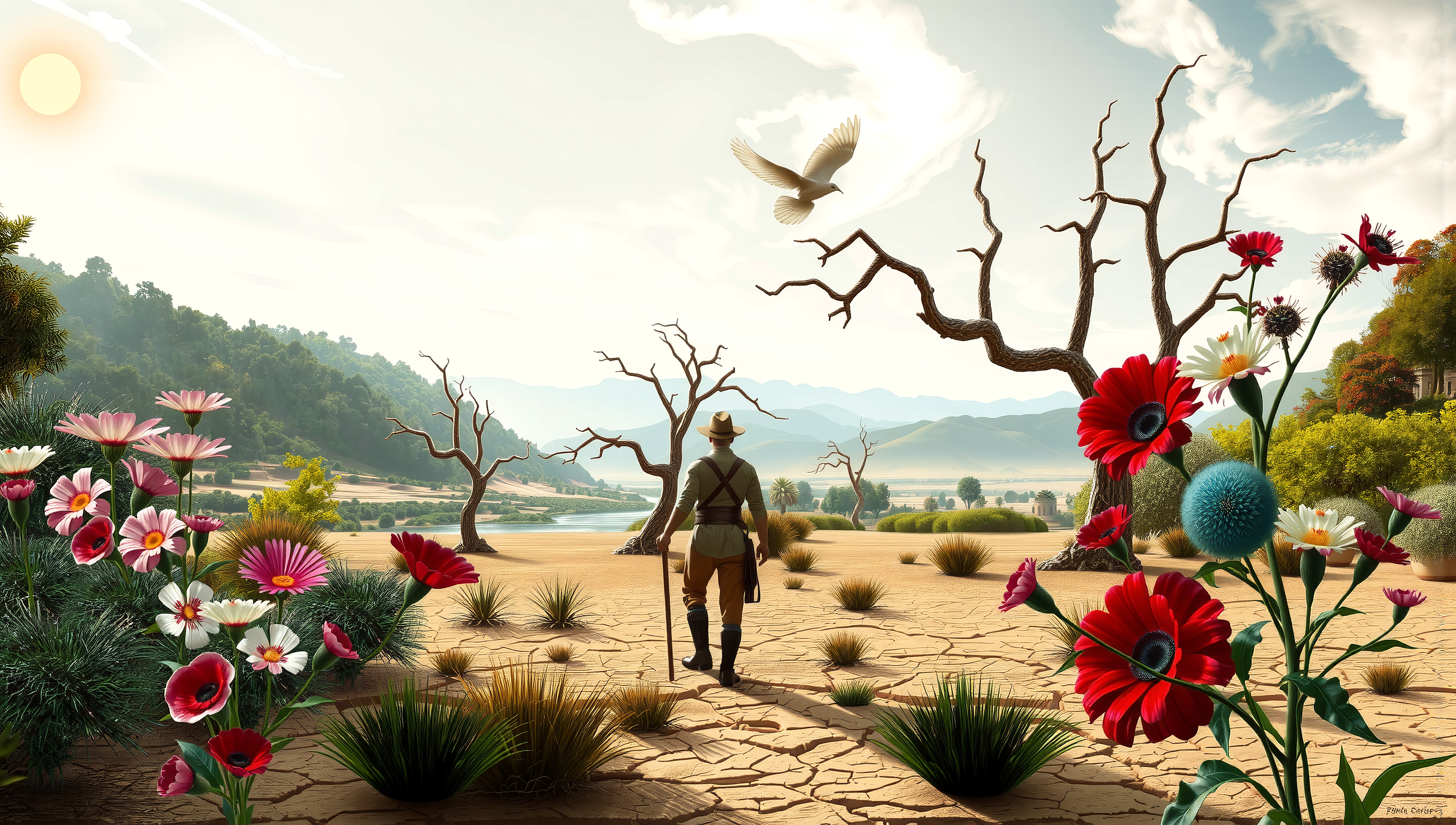 A lone explorer walks through a vibrant desert landscape with colorful wildflowers under bright sunlight.