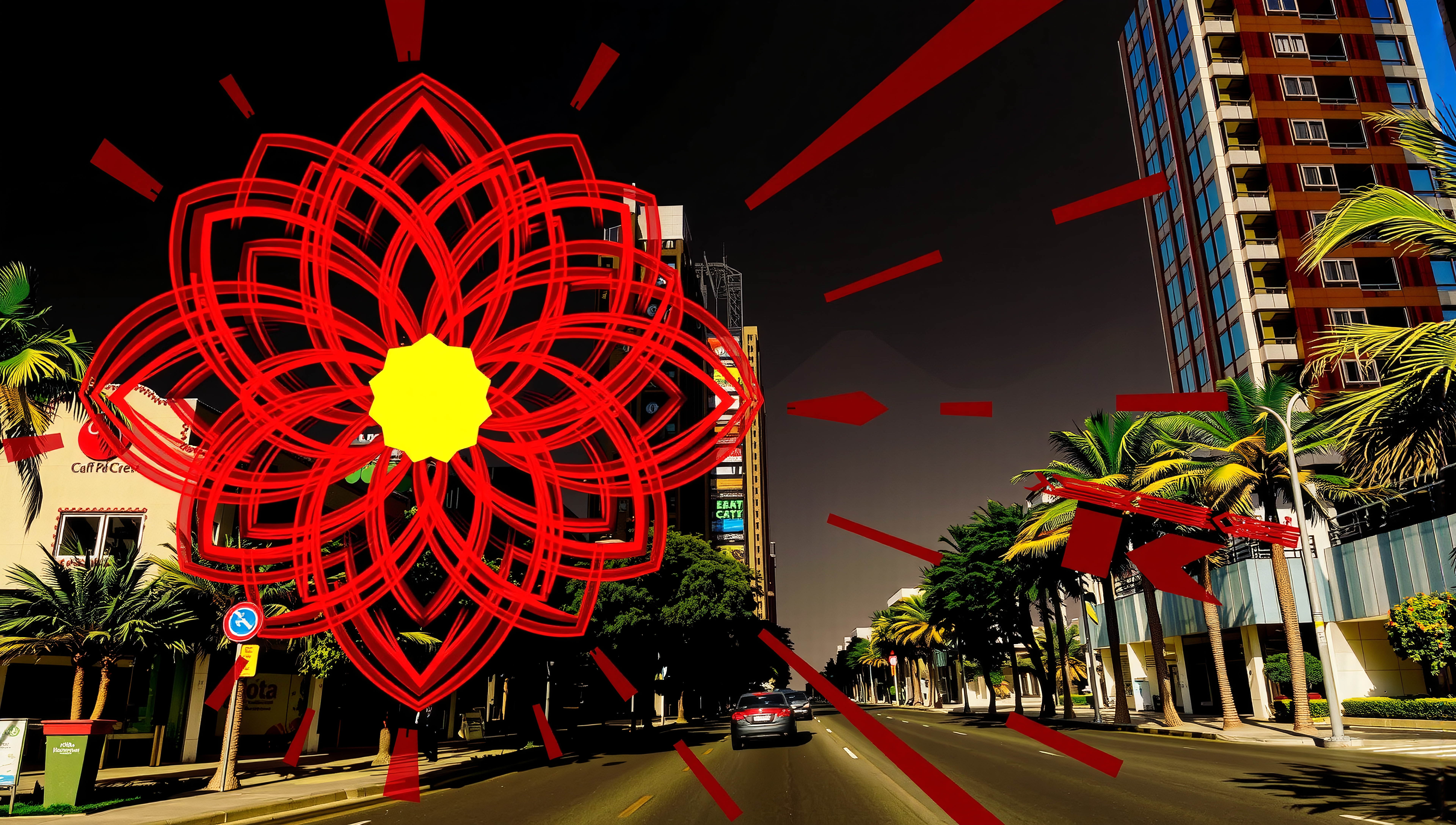 A vibrant red geometric pattern overlays a city street scene with buildings and palm trees, creating a surreal urban landscape.